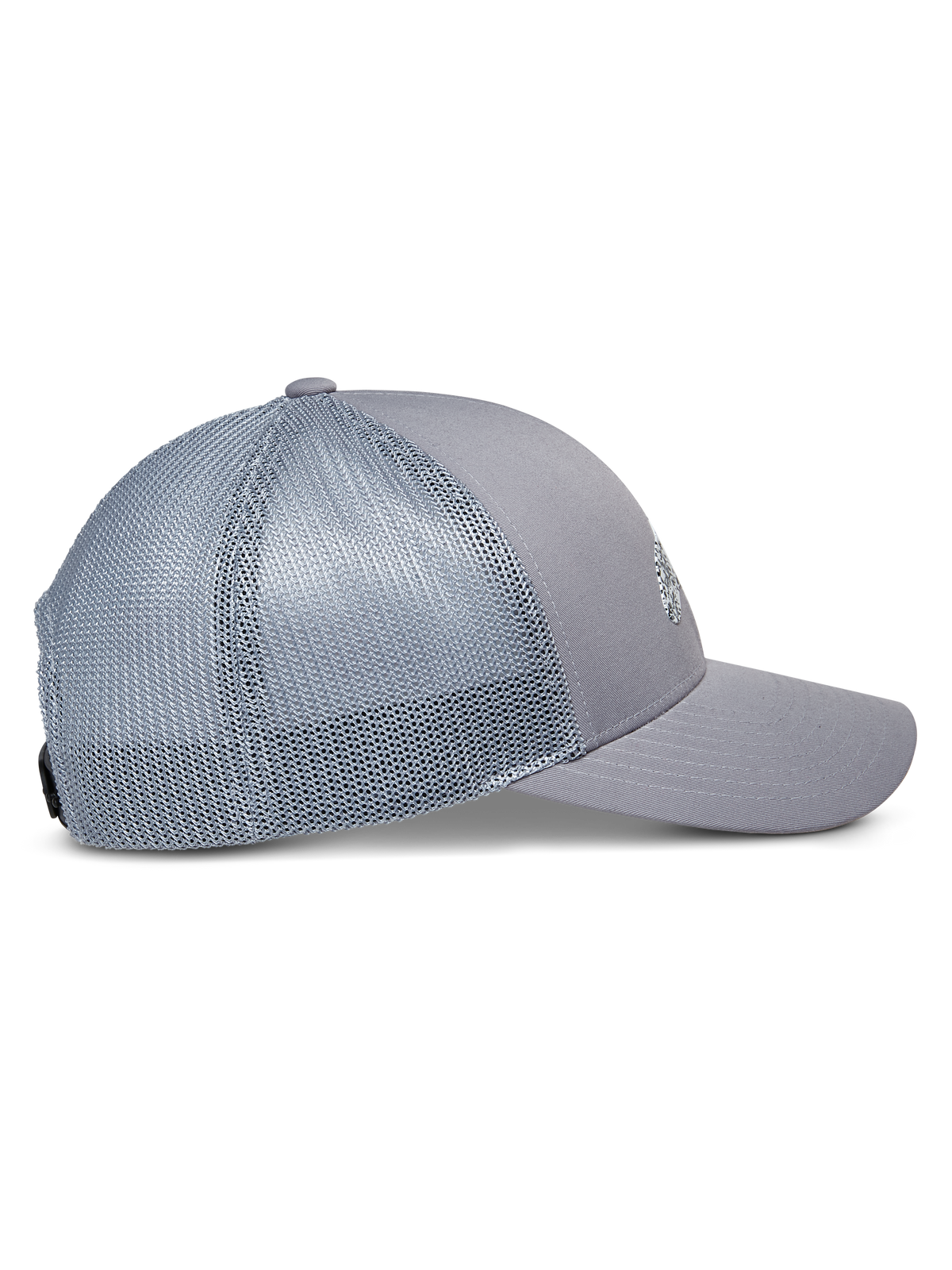 Alpinestars Terolithic Trucker-keps, grå, sidoprofil med böjd skärm och nätpaneler bak, strukturerad låg krona, avslappnad sportklädsel