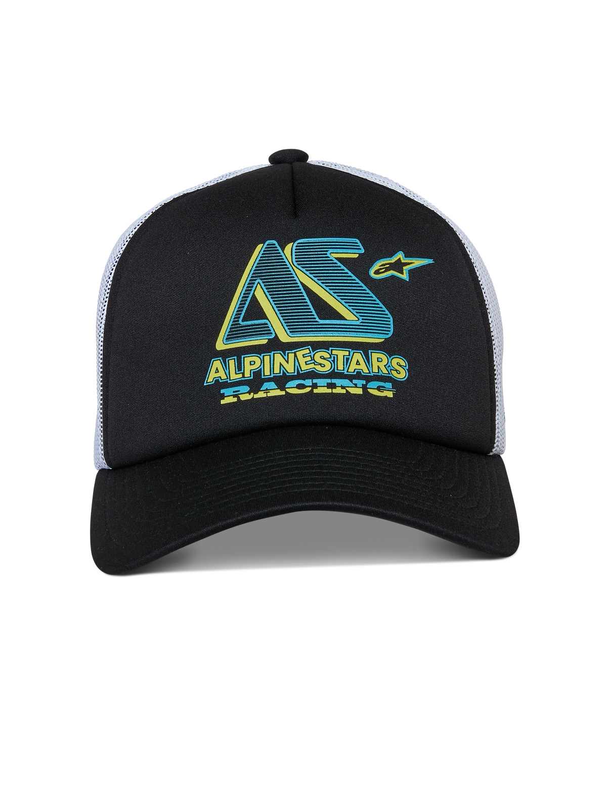 Alpinestars Ayess Trucker-keps, snapback-keps, svart och vit, blågrön och gul Alpinestars Racing-grafik på skumkrona, böjd skärm och vit meshbaksida, avslappnad motorsportinspirerad design