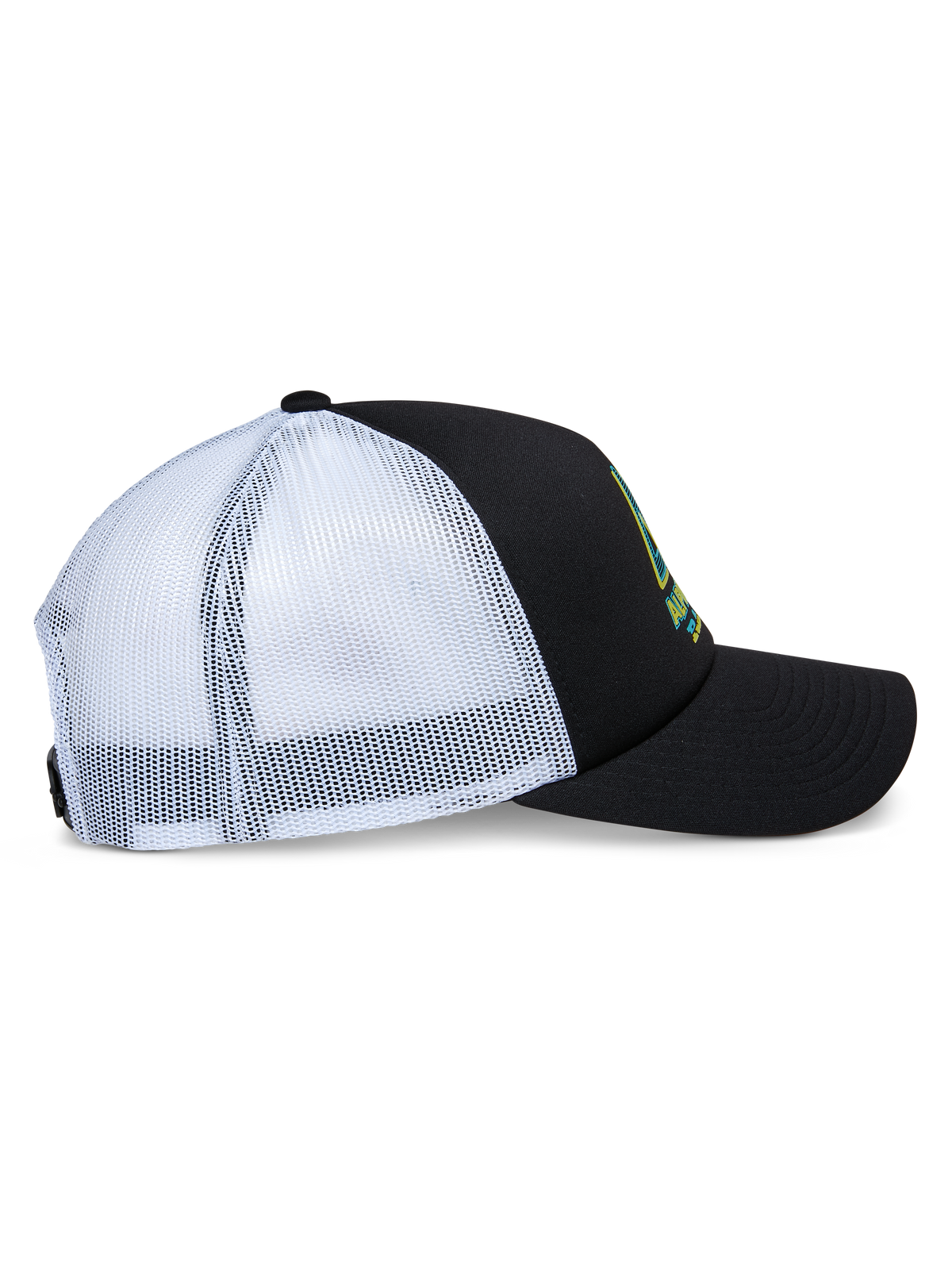 Alpinestars Ayess Trucker keps, profilvy, svart skumkrona och böjd skärm med vita nätpaneler baktill, tryckt logotyp fram, vardaglig motorsport-inspirerad snapback