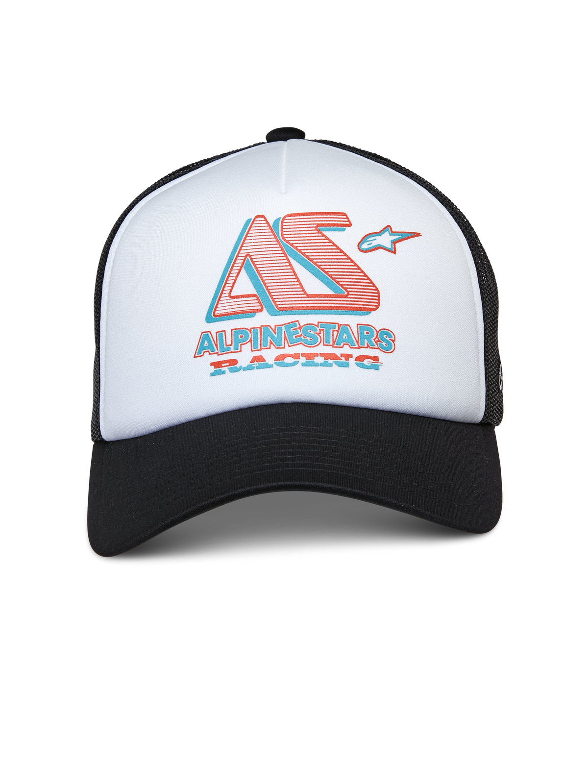 Alpinestars Ayess Trucker Hat, vit och svart truckerkeps, vit frontpanel i skum med svart böjd skärm och nätbaksida, stiliserad AS- och Alpinestars Racing-logotyp i rött och blått, avslappnad motorsportinspirerad streetwear