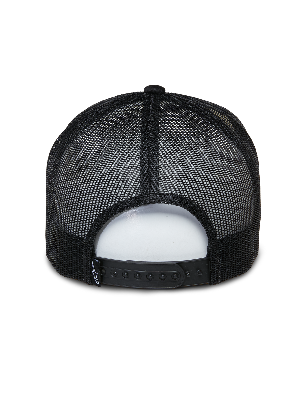 Alpinestars Ayess Trucker Hat, vardaglig sportkeps, vit och svart, baksida med svarta ventilerande meshpaneler och justerbart snapback-spänne, klassisk trucker-design med skumkrona