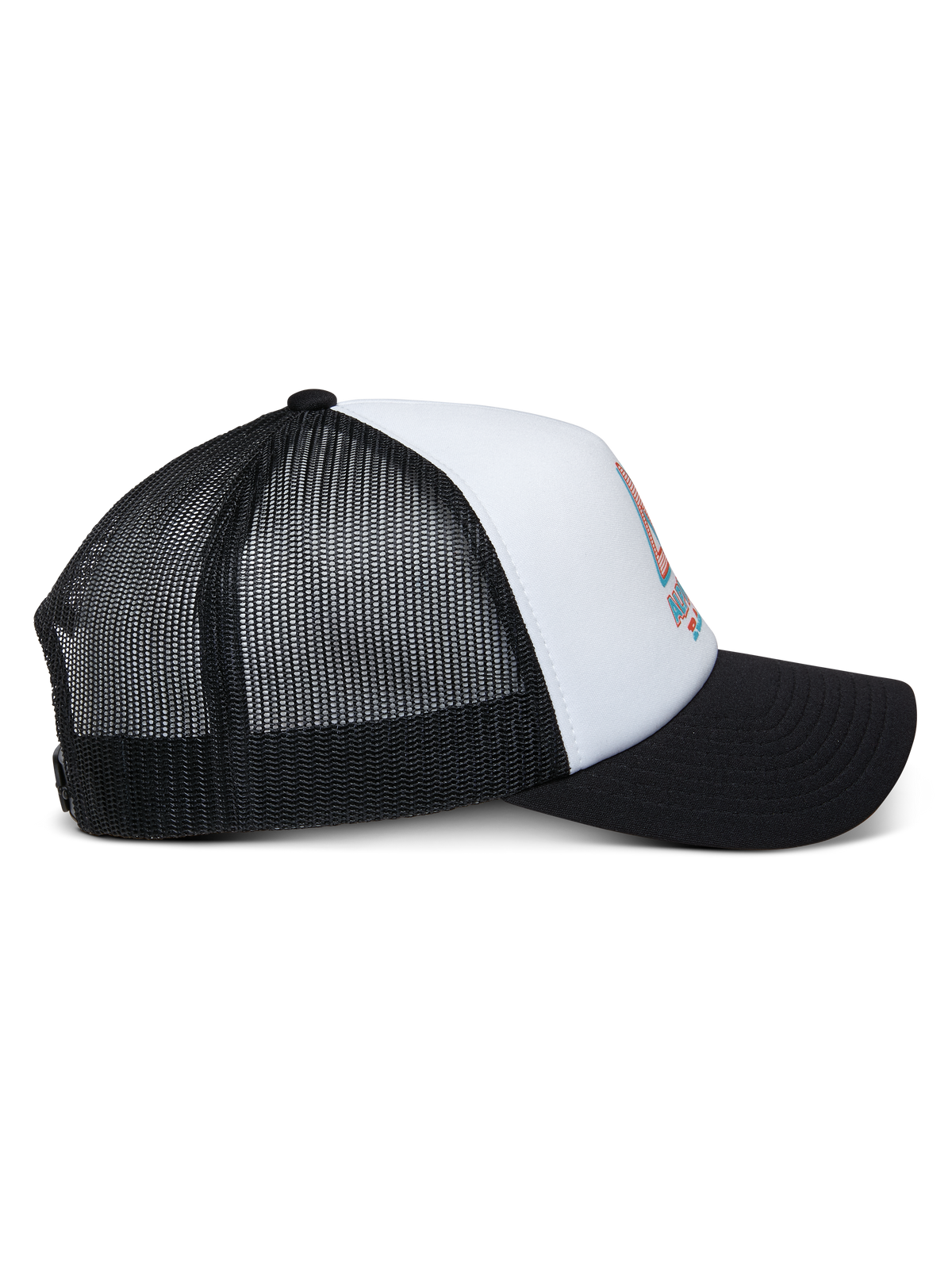 Alpinestars Ayess Trucker Hat, vit och svart, sidovy med en böjd svart skärm, vit skumkrona med logotryck fram och ventilerande baksida i svart mesh, casual keps för motorsport