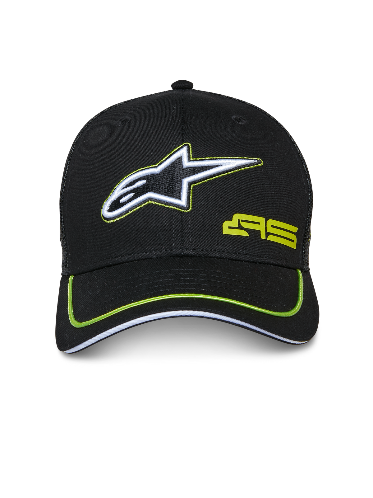 Alpinestars Exceed Trucker Hat, Black with Lime Green Accents, features embroidered white and black star logo, lime green AS logo, curved bill with neon piping, casual motorsport-inspired headwear