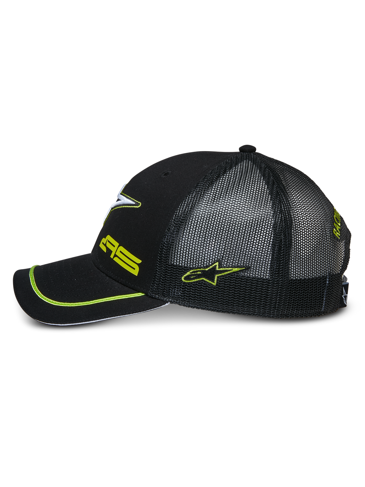 Alpinestars Exceed Trucker Hat, side profile of a black snapback cap, featuring a black mesh back, curved bill with neon green piping, neon green embroidered logos, casual motorsport headwear