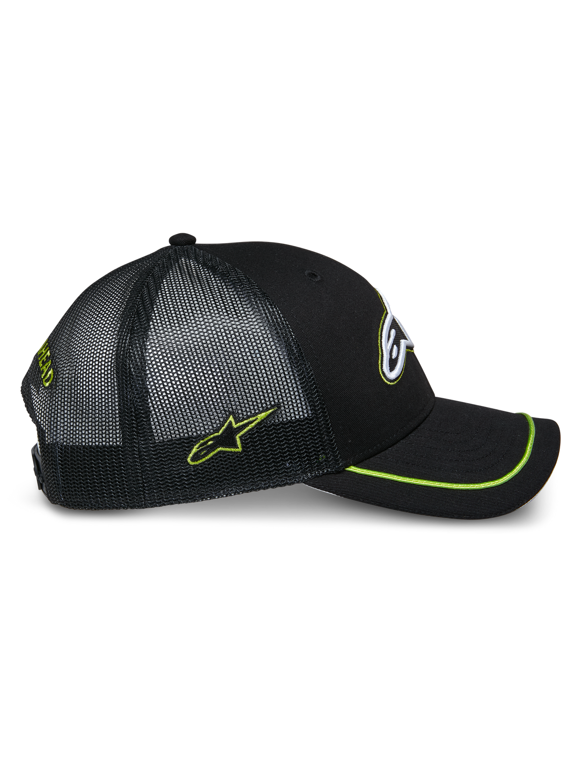 Alpinestars Exceed Trucker Hat, Side View, Black with Lime Green Accents, Mesh Back Panels, Curved Bill with Lime Green Sutache Trim, Embroidered Side Logo, Casual Motorsport Headwear