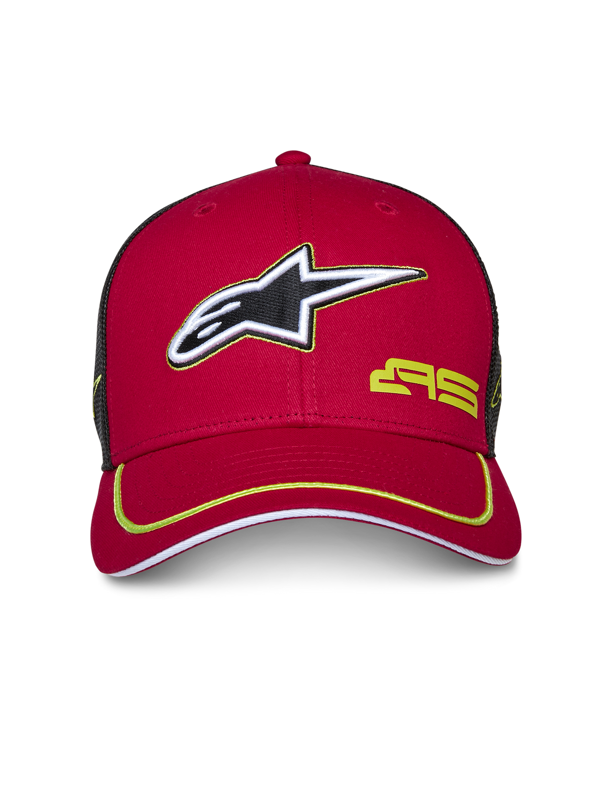 Alpinestars Exceed Truckerkeps, röd och svart, böjd skärm med limegrön kant, 3D-broderad Alpinestars-logotyp, svart meshbaksida, strukturerad krona, vardaglig motorsport-huvudbonad
