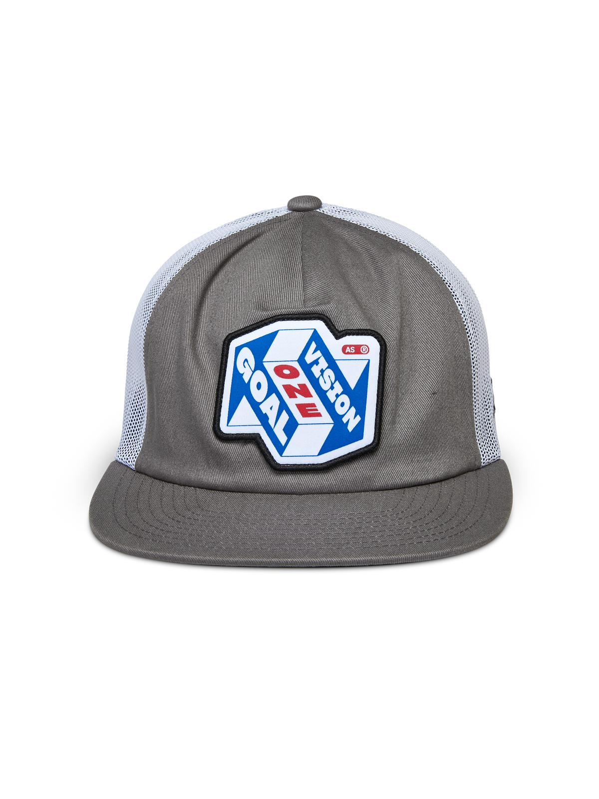 Alpinestars That Way Trucker Hat, Grey and White, structured crown with flat bill and white mesh back, featuring a large front patch with 'One Goal One Vision' graphic, casual motorsport streetwear
