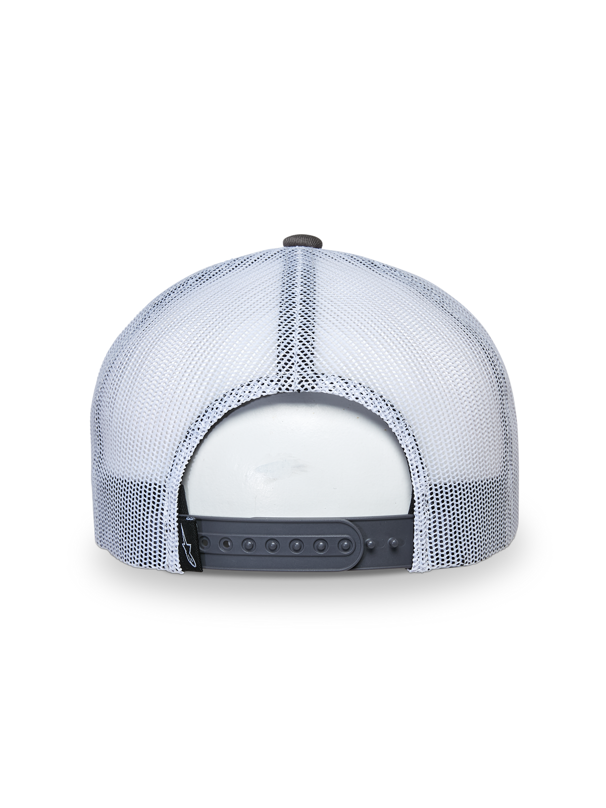 Alpinestars That Way Trucker Hat, Trucker Cap, Grey and White, Back view showing white mesh panels and grey snapback closure, adjustable fit, casual sportswear headwear