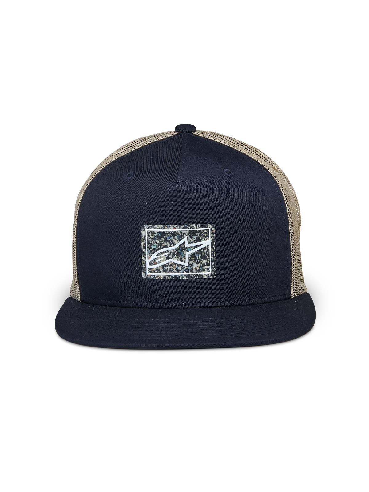 Alpinestars Mackinic Trucker Hat, Navy Blue and Khaki, Flat Bill Trucker Cap, structured navy front panel with a speckled rectangular recycled logo patch, khaki mesh back, casual motorsport-inspired headwear