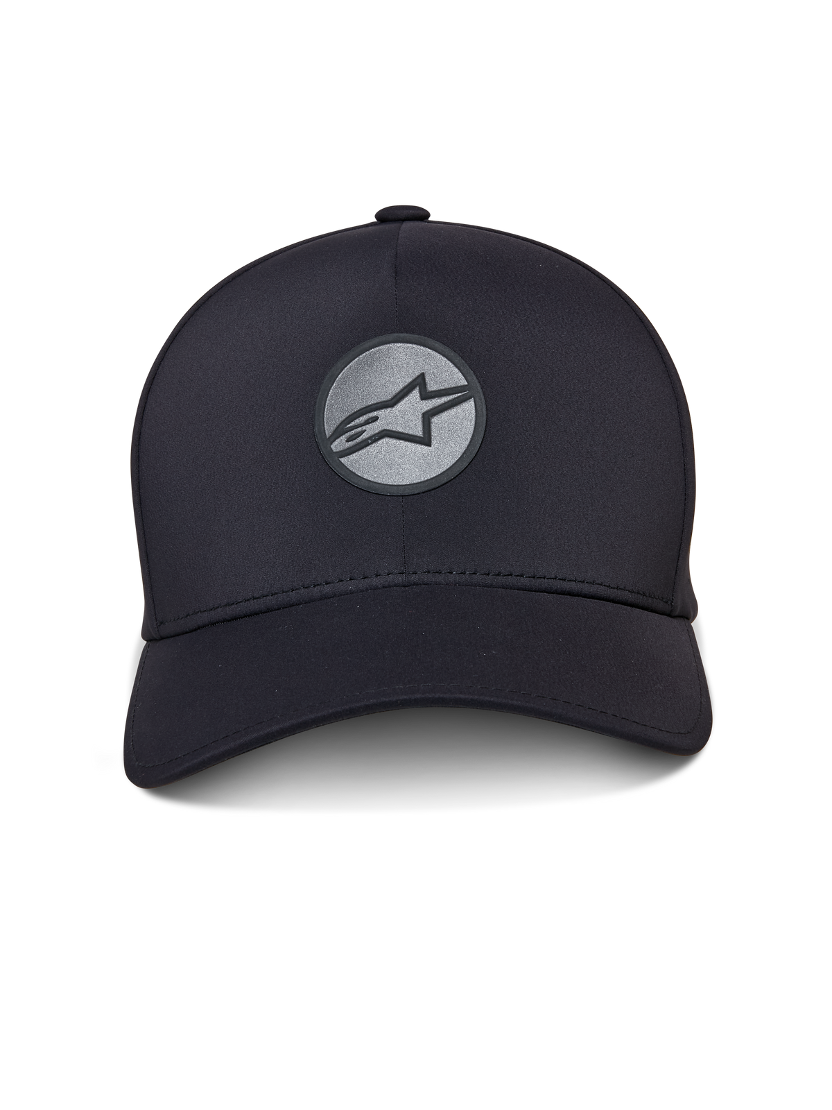 Alpinestars Apex-keps, svart sportswear-keps, böjd skärm och strukturerad krona, reflekterande svetsad Astar-logotyp på ett cirkulärt märke framtill, sömlös konstruktion med en modern atletisk design