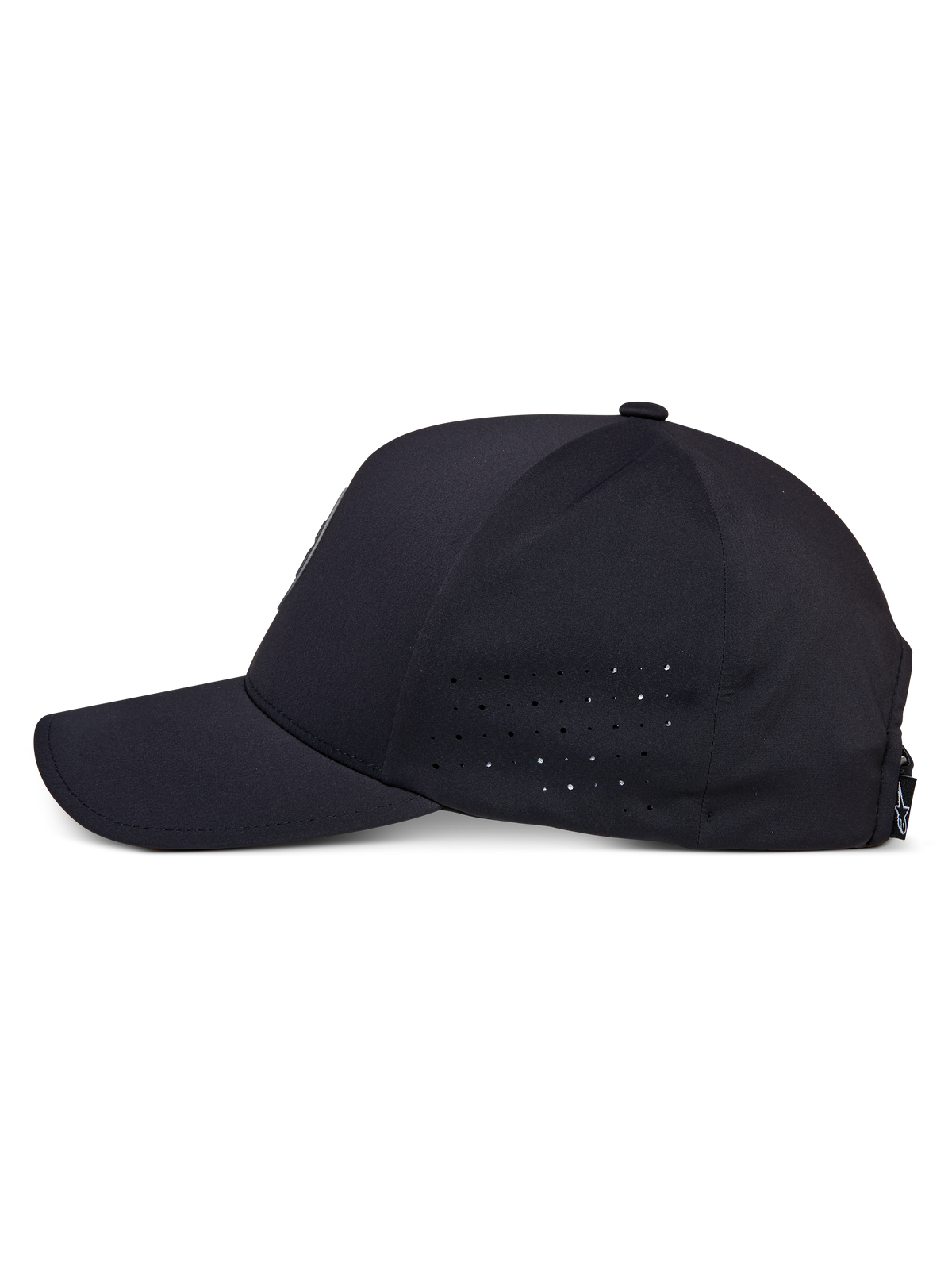 Alpinestars Apex Hat, svart, profilvy från sidan, böjd skärm med strukturerad krona, perforeringar på sidopanelerna för andningsförmåga, fuktavledande tekniskt tyg, sportiga funktionskläder