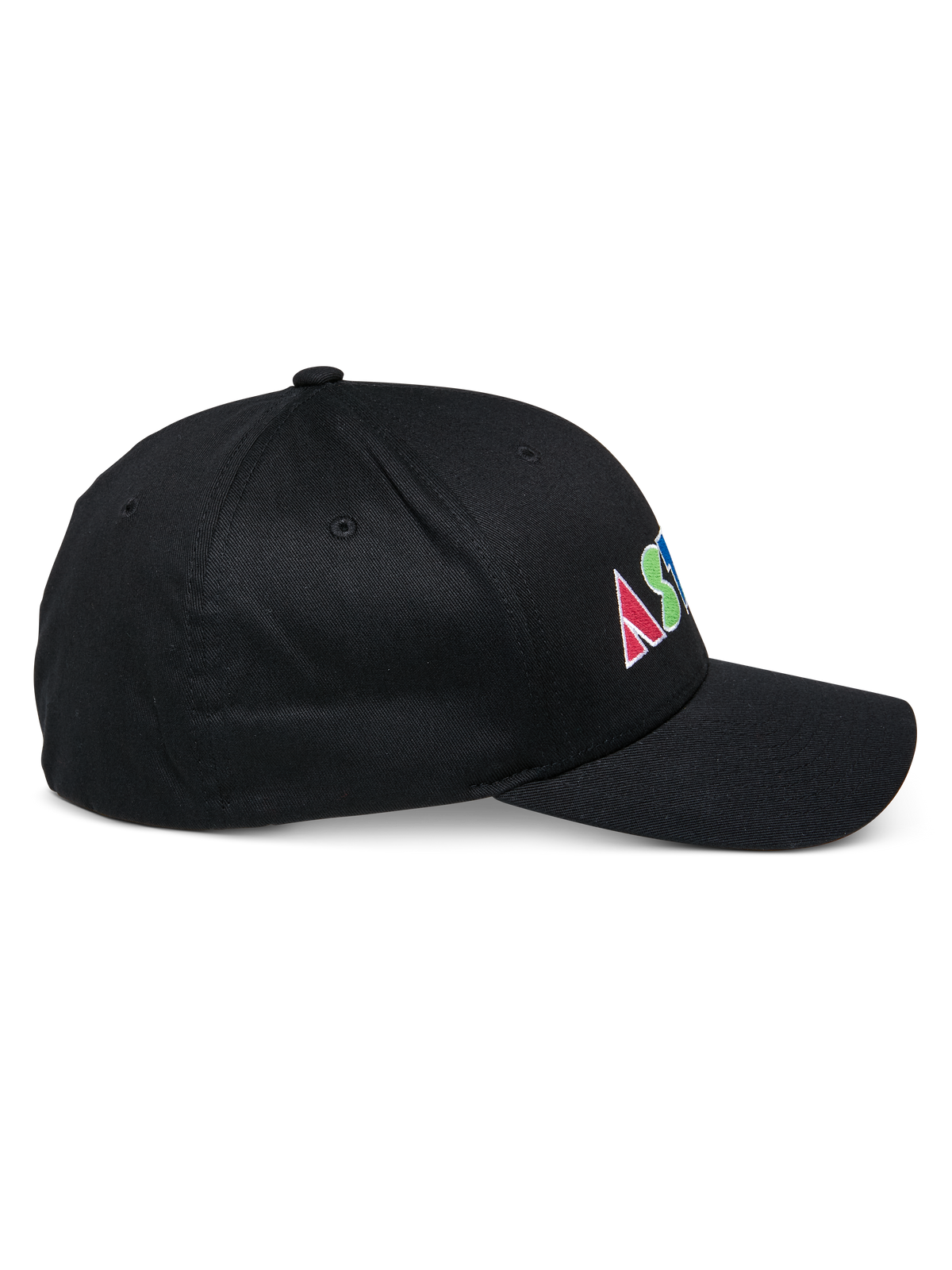 Alpinestars Cereal keps, svart strukturerad baseballkeps i sidoprofil, färgglad platt broderad logotyp på sidan med geometriska bokstäver, böjd skärm, avslappnad sportswear-design.
