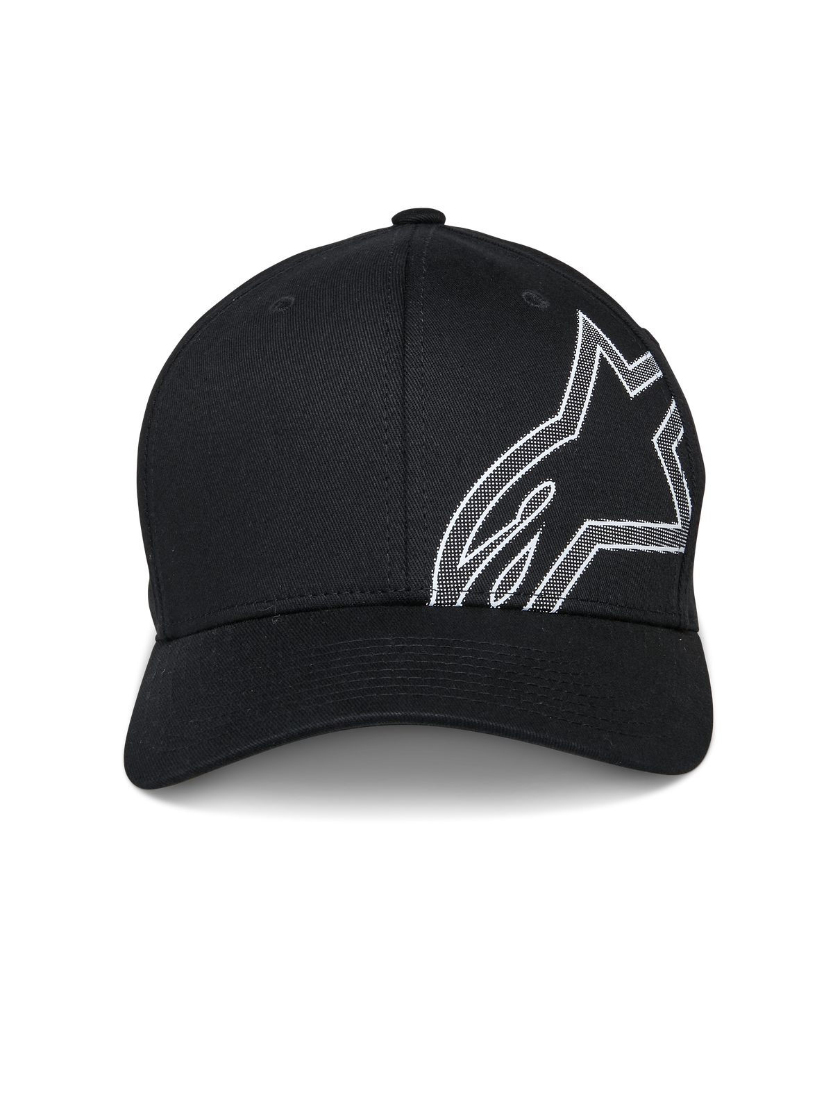 Alpinestars Share Hat, svart baseballkeps med en stor vit kontur av Astars-logotypen i HD-pufftryck på sidan, böjd skärm, strukturerad krona, vardagliga motorsportinspirerade sportkläder