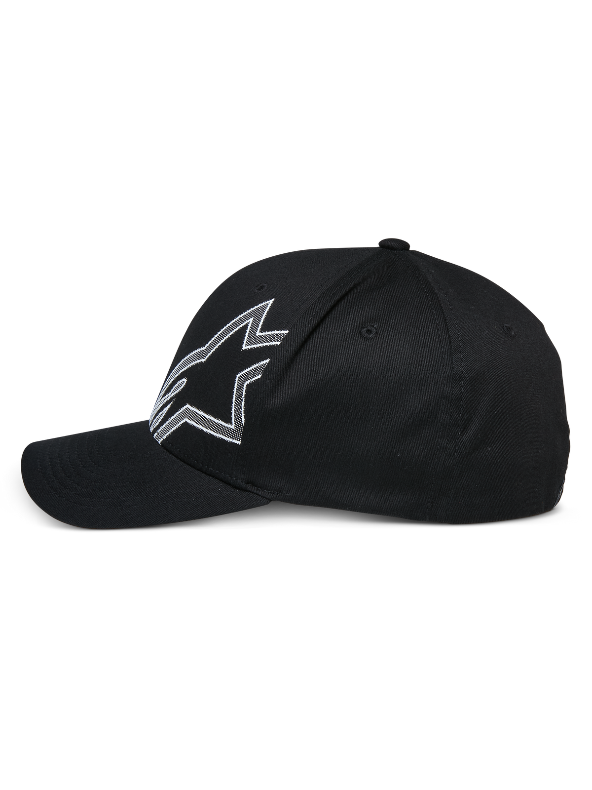 Alpinestars Share Hat, svart baseballkeps, profilvy från sidan, med en stor vitkonturerad Astars-logotyp, böjd skärm, strukturerad krona, vardaglig motorsportinspirerad huvudbonad