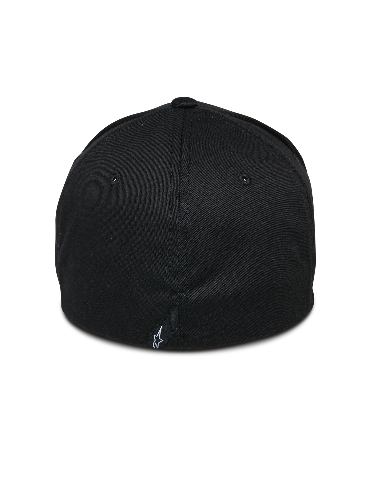 Alpinestars Share Keps, svart, baksida som visar stängd flex-back-konstruktion, liten vit Astars-logotyp på den bakre sömmen, avslappnat motorsportinspirerat streetwear