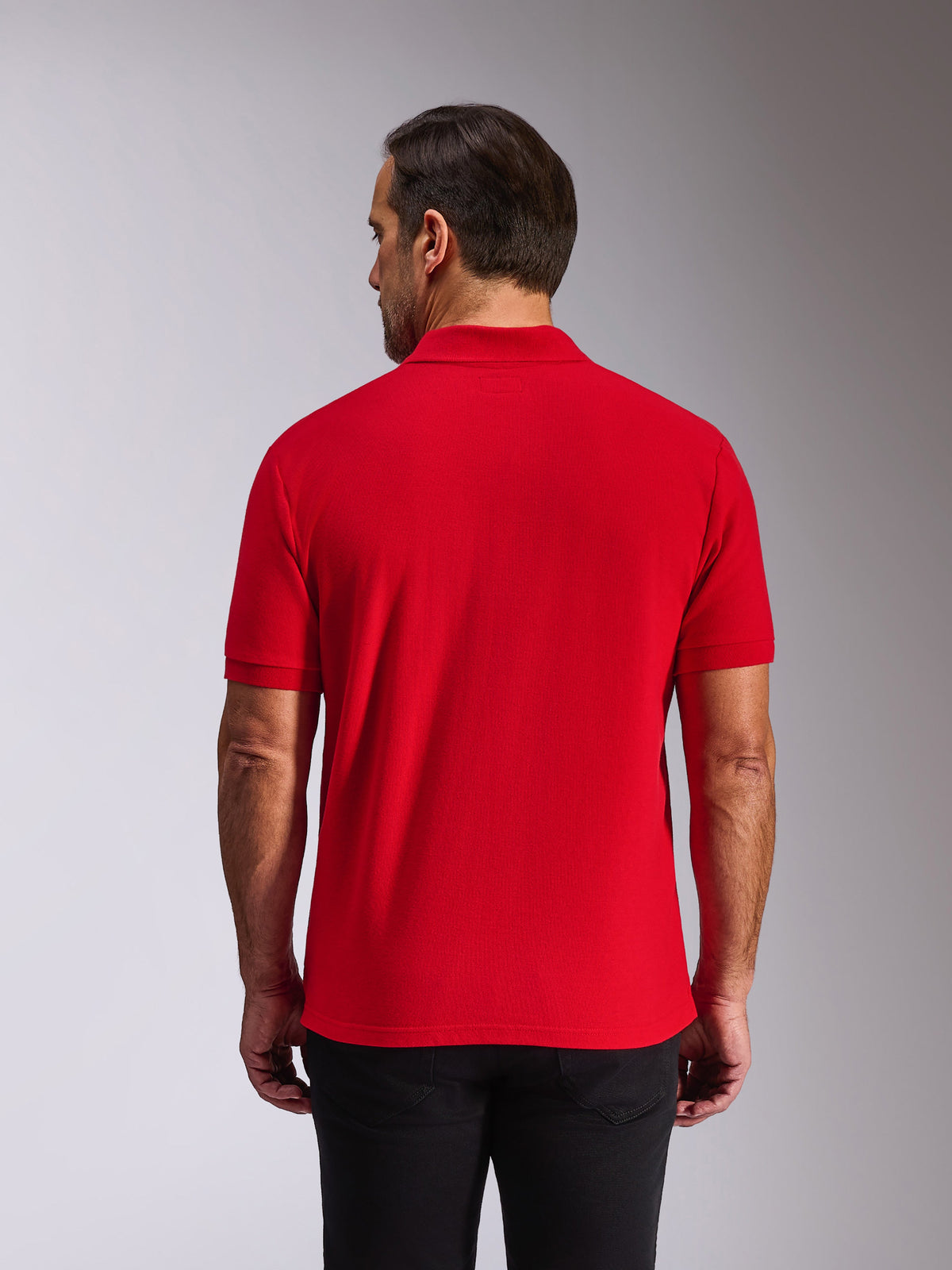 Alpinestars Endeavor Classic Polo, kortärmad pikétröja, röd, sedd bakifrån på modell, med ribbad krage och ärmslut, avslappnat motorsportinspirerat streetwear