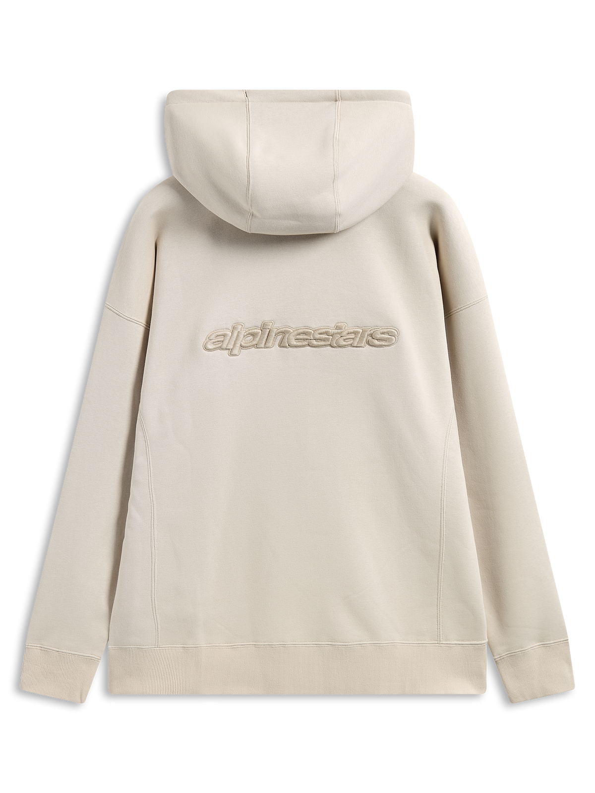 Alpinestars Emergent Oversized Hoodie, baksida, sandfärgad, 3D-broderad Alpinestars-ordlogotyp mitt på ryggen, oversized passform med ribbade muddar och fåll, avslappnad streetwear