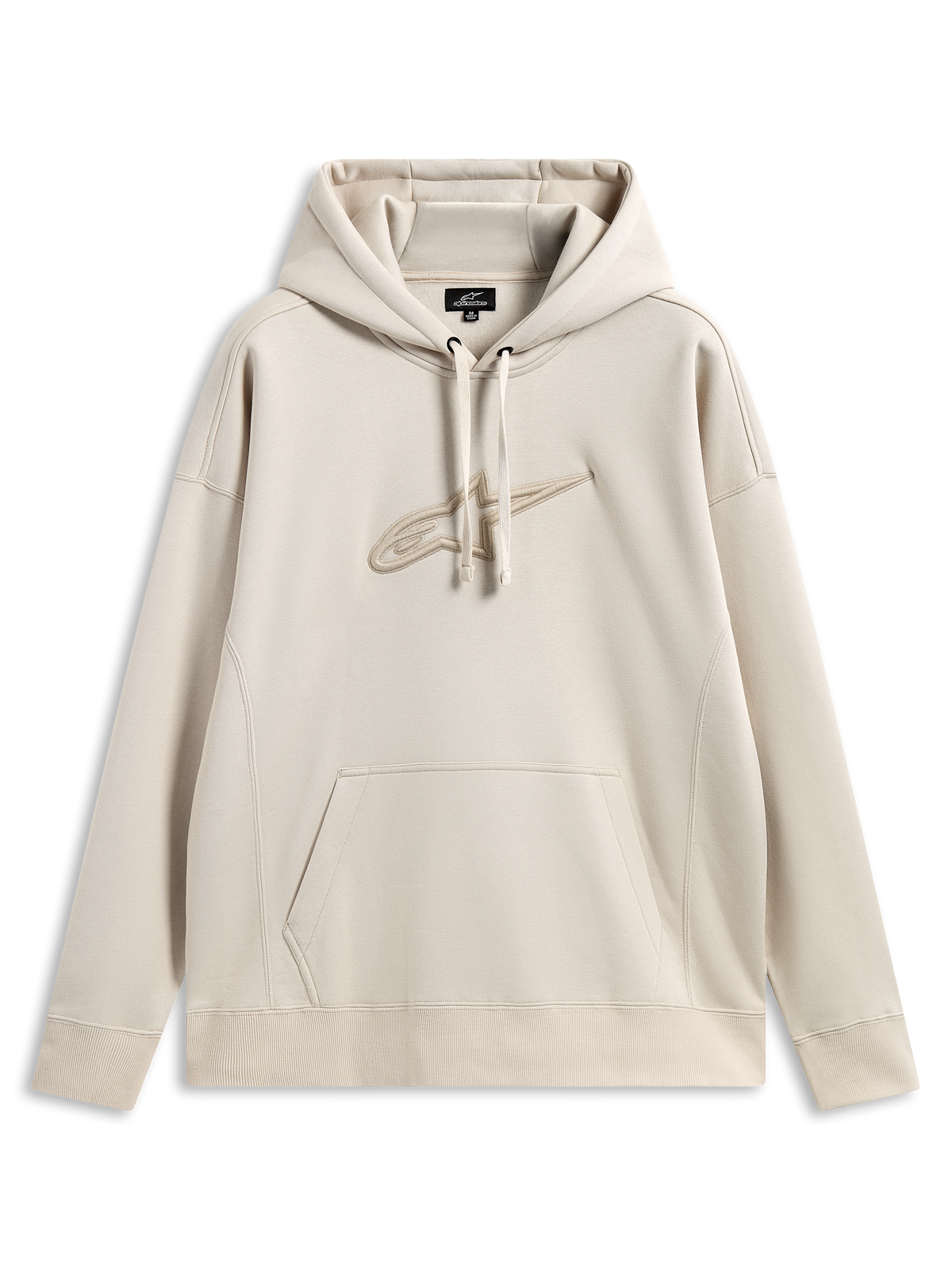 Alpinestars Emergent Oversized Hoodie, casual motorsport-streetwear, sandfärgad med ton-i-ton 3D-broderad Astars-logotyp, huva med dragsnöre, känguruficka, avslappnad oversized-passform