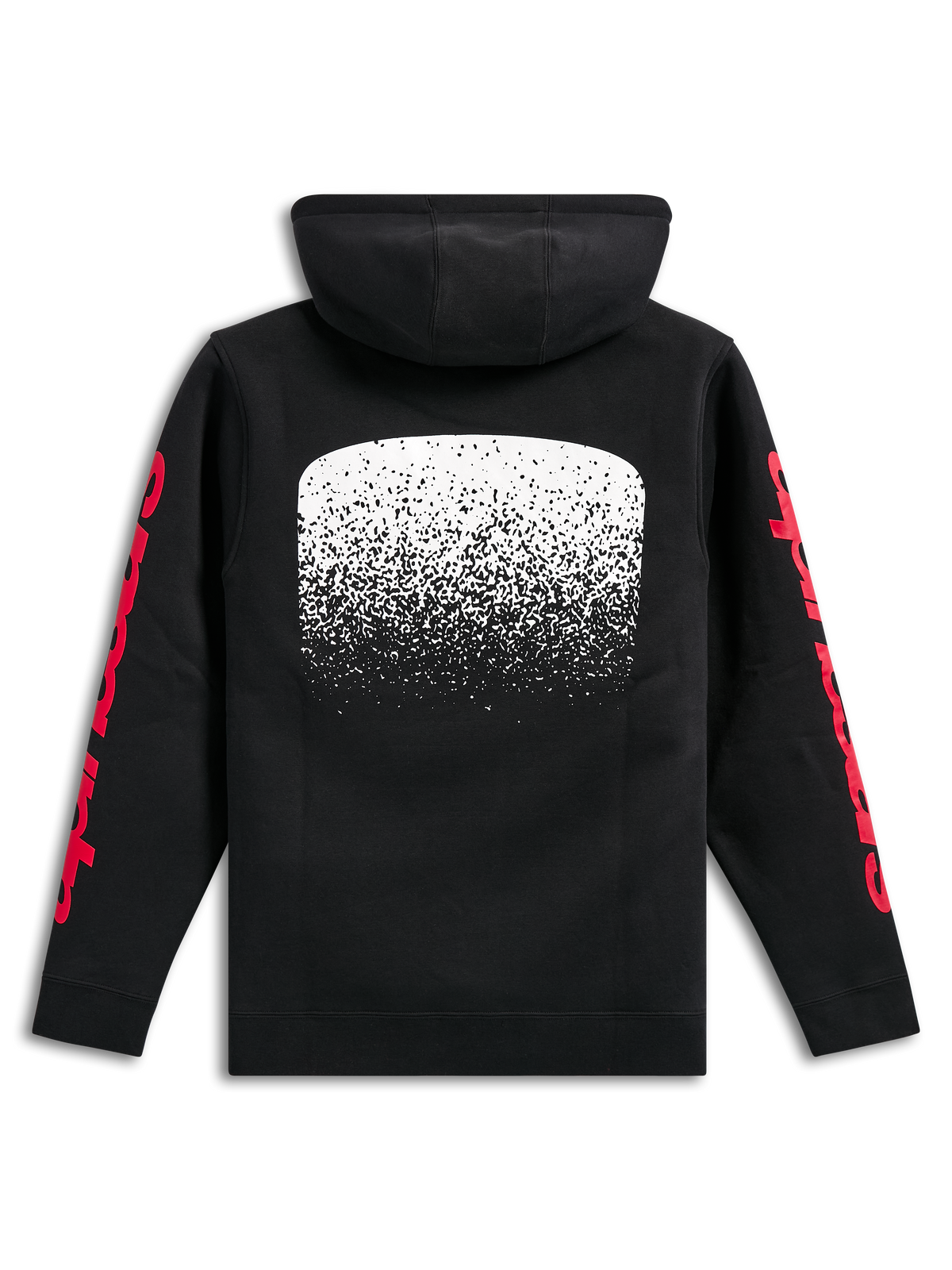 Alpinestars Obsessed Hoodie, svart huvtröja i fleece, ryggvy, stor vit MX-graderingsgrafik på ryggen, röda Alpinestars-ordlogotyper på ärmarna, vardaglig motorsportinspirerad streetwear