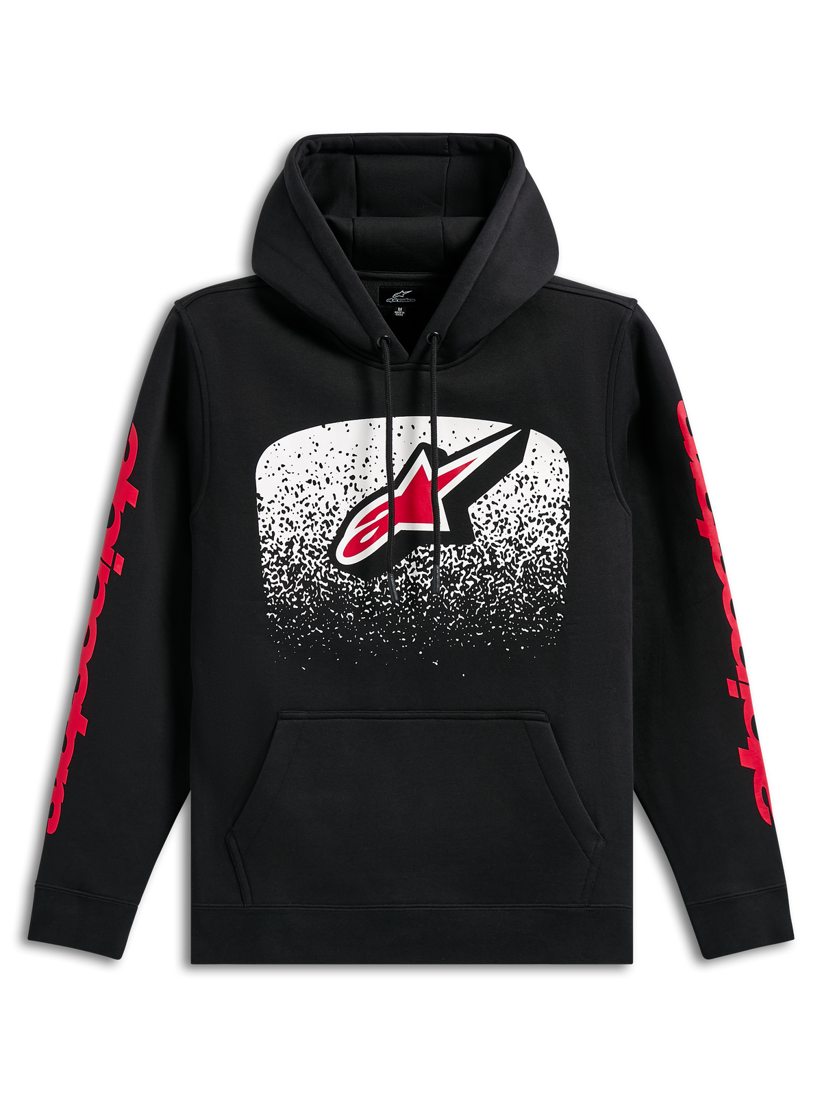 Alpinestars Obsessed Hoodie, svart huvtröja, stor Astars-logotyp framtill med vit och röd MX-gradering, röda Alpinestars-ordloggor på ärmarna, huva med dragsnöre och känguruficka, motorsportinspirerad streetwear