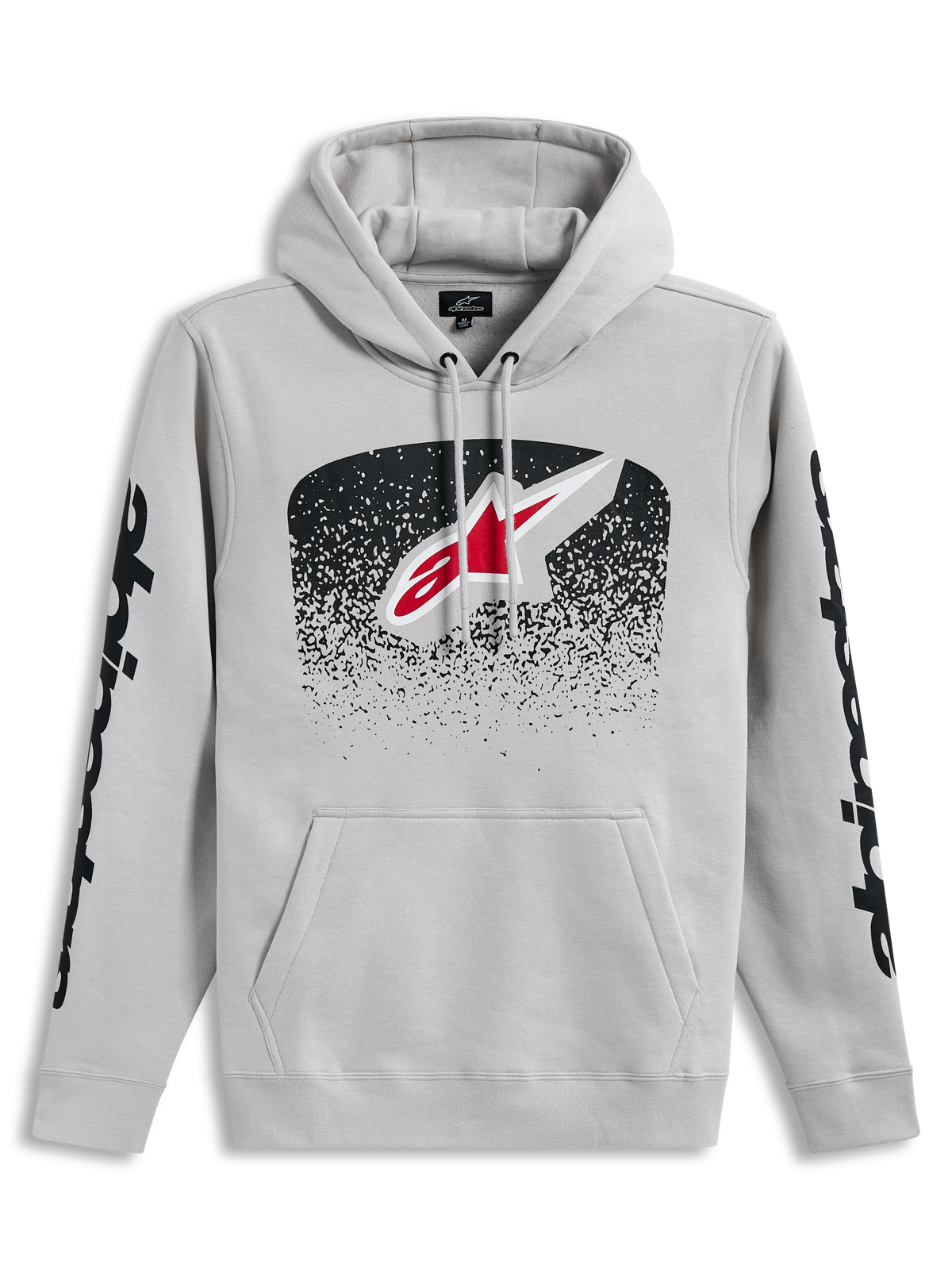 Alpinestars Obsessed Hoodie, cementgrå huvtröja i fleece med MX-gradationslogotyp på bröstet, svart ärmgrafik, ribbade muddar och känguruficka, bekväm sportswear.