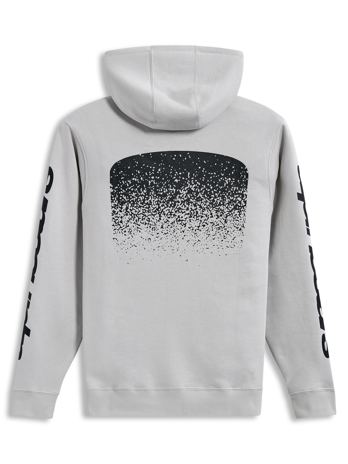 Alpinestars Obsessed Hoodie, cementgrå huvtröja i fleece med svart MX-gradientgrafik på ryggen och logotyper på ärmarna.