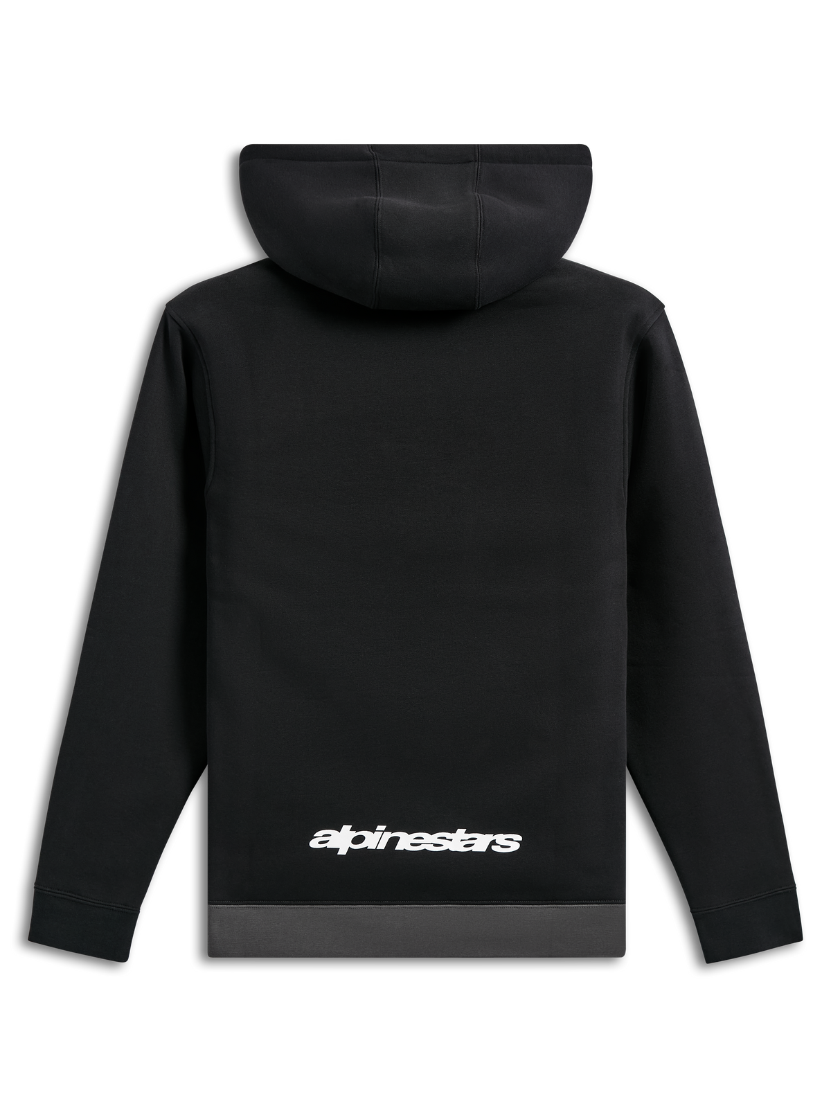 Alpinestars Parallel Hoodie, baksida, svart med en mörkgrå fåll, vit Alpinestars-ordlogotyp nedtill på ryggen, avslappnat motorsport-inspirerat streetwear, långa ärmar med ribbade muddar