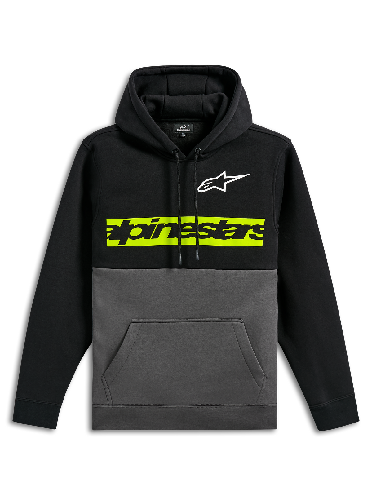 Alpinestars Parallel Hoodie, avslappnad färgblockerad fleecehuvtröja, svart överdel och ärmar med mörkgrå nederdel, vit Astars-logotyp på bröstet, livfullt gulgrön horisontell stapel med svart Alpinestars ordlogotyp, huva med dragsko och känguruficka framtill