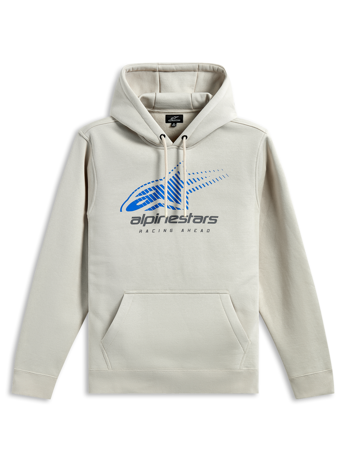 Alpinestars Pulse Huvtröja, avslappnad streetwear, off-white med blå Astars-logotyp och grått tryck, känguruficka fram, huva med dragsko, långa ärmar, modern motorsport-inspirerad design
