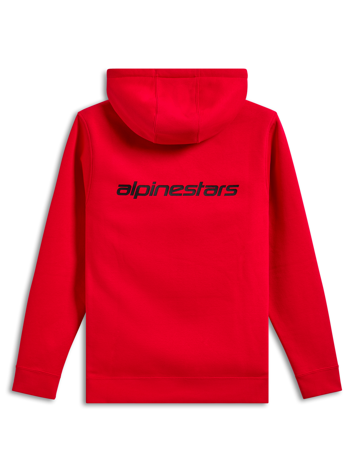 Alpinestars Transverse Hoodie, baksida, röd, med en svart Alpinestars-ordlogotyp på övre delen av ryggen, avslappnad huvtröja med ribbade muddar och fåll.