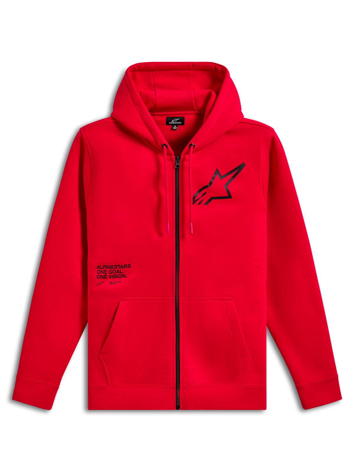 Alpinestars Transverse Hoodie, röd fleecehuvtröja med dragkedja fram, svart Astars-logotyp på bröstet med texttrycket One Goal One Vision, huva med dragsnöre, kängurufickor, ribbade muddar och fåll, avslappnad motorsport-streetwear