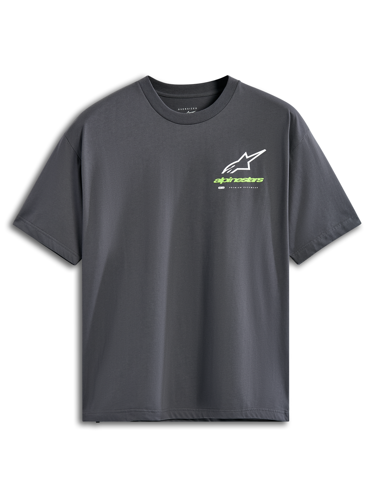 Alpinestars Overhang Oversized CSF Tee, Short Sleeve T-Shirt, Charcoal Gray, White Astars Logo with Lime Green Wordmark, Casual Motorsport Streetwear