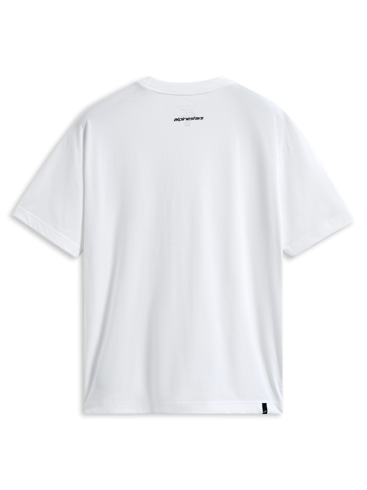 Alpinestars Focused Oversized CSF Tee, Short Sleeve T-Shirt, White, Back view featuring small black Alpinestars word logo on neck and external label at hem, Casual Motorsport Streetwear