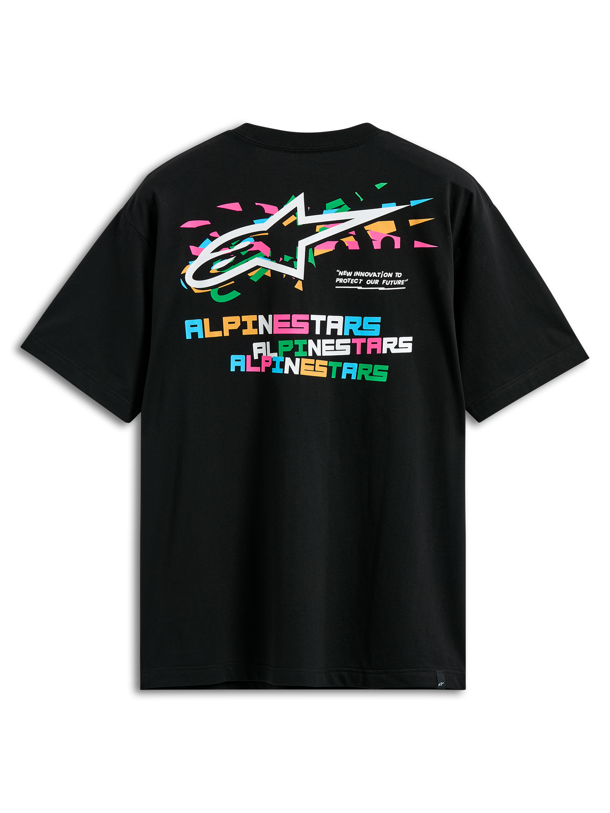 Alpinestars Wild Oversized CSF Tee, kortärmad t-shirt, svart, vy bakifrån med livfull flerfärgad Astars-logotyp och staplad Alpinestars-text i blockstil, casual streetwear