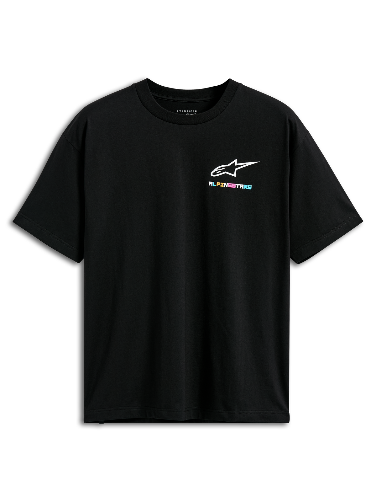 Alpinestars Wild Oversized CSF Tee, kortärmad t-shirt, svart, med en liten livfull flerfärgad Alpinestars-logotyp på bröstet, oversized passform, avslappnad streetwear