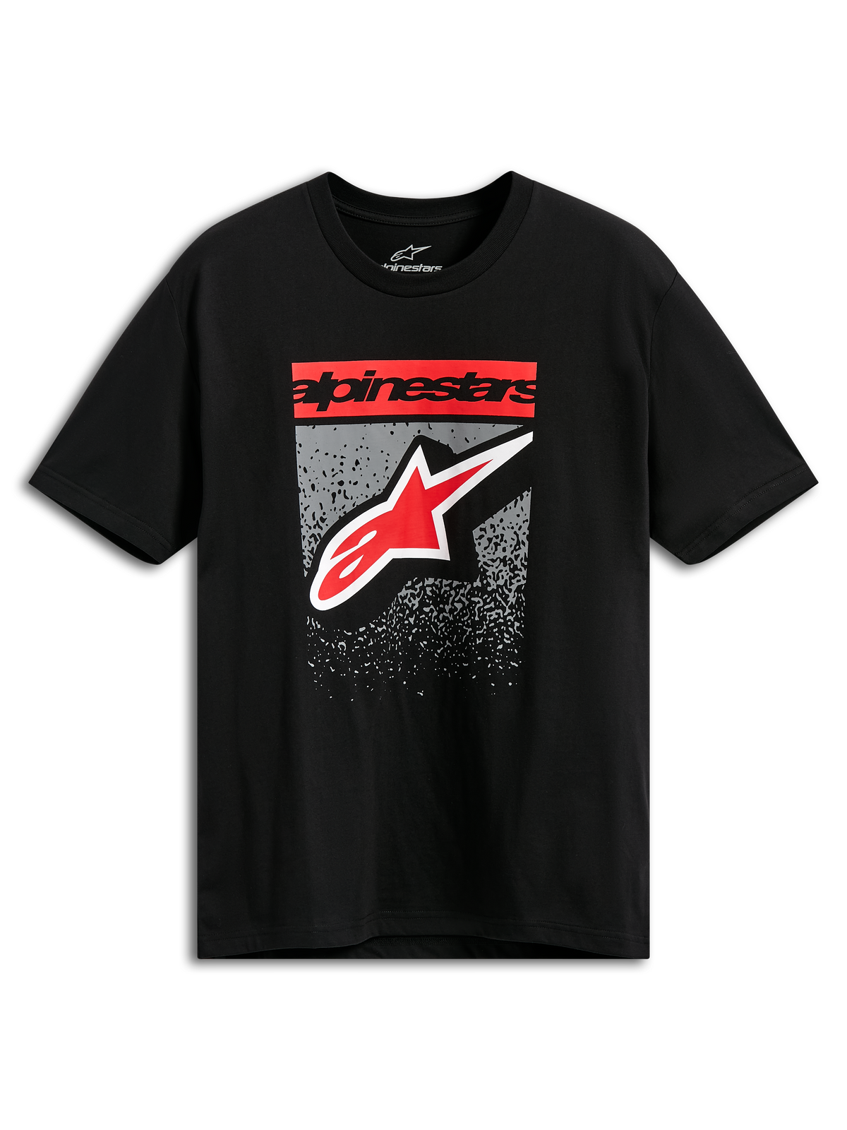 Alpinestars Noka CSF Tee, kortärmad t-shirt, svart, röd Alpinestars blocktext och stjärnlogotyp med grå MX-övertoningsgrafik, avslappnad motorsport-streetwear