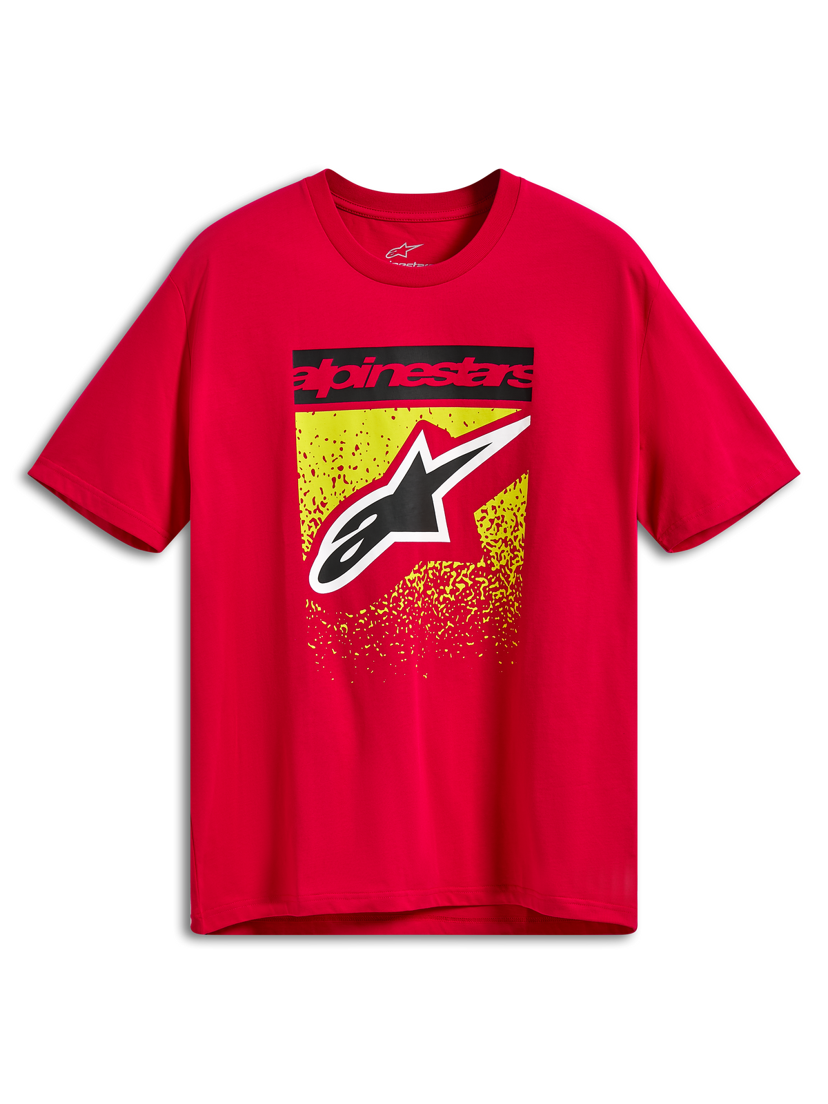 Alpinestars Noka CSF Tee, kortärmad t-shirt, röd, grafiskt tryck på framsidan med ett svart Alpinestars-textfält och en stor Astars-logotyp över ett gult och rött MX-graderat stänk, vardagliga motorsportkläder