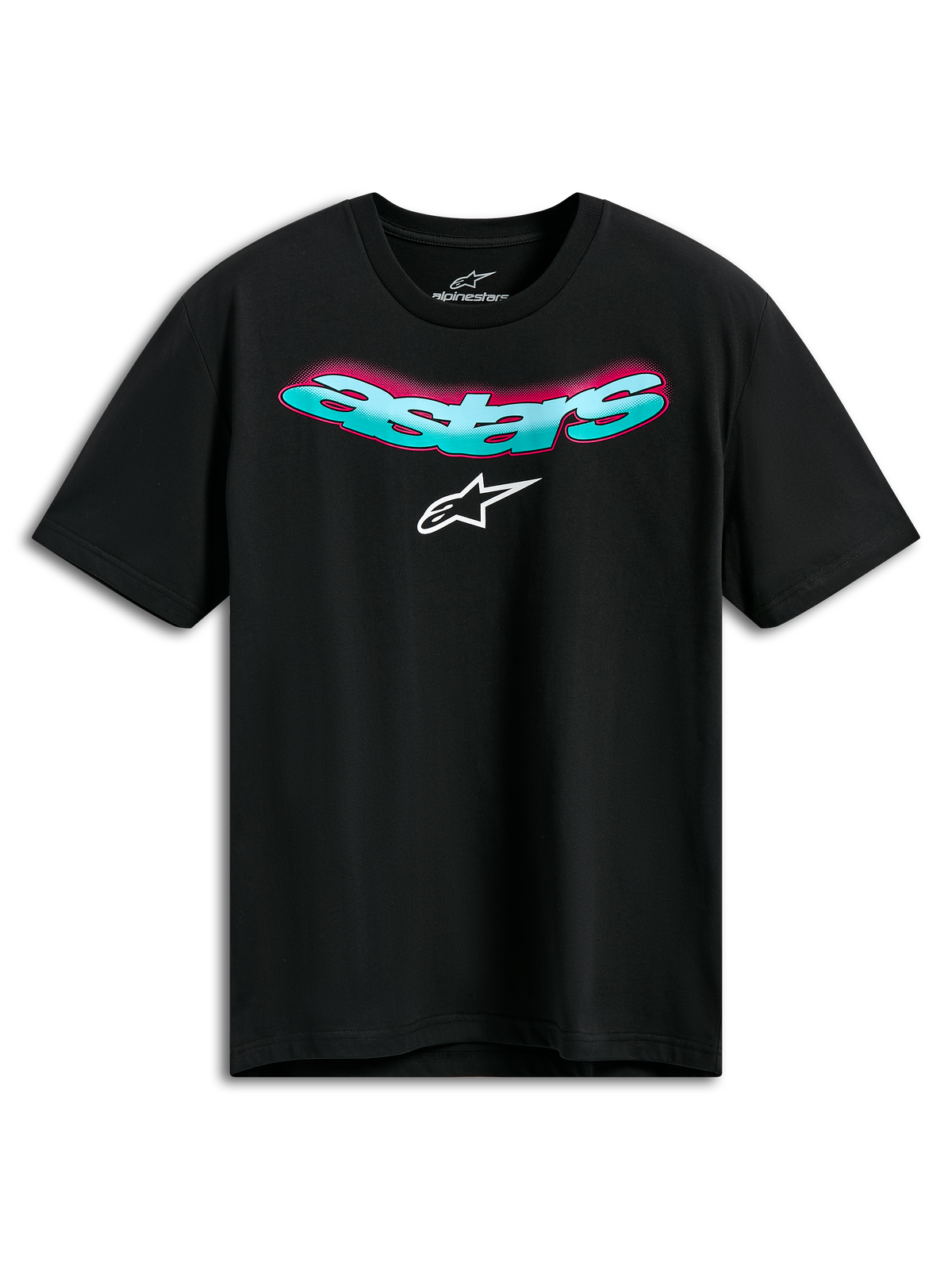 Alpinestars Ellipsoid CSF Tee, kortärmad t-shirt, svart, böjd blågrön Astars-text med rosa färggradient och vit logotyp, casual motorsport sportkläder