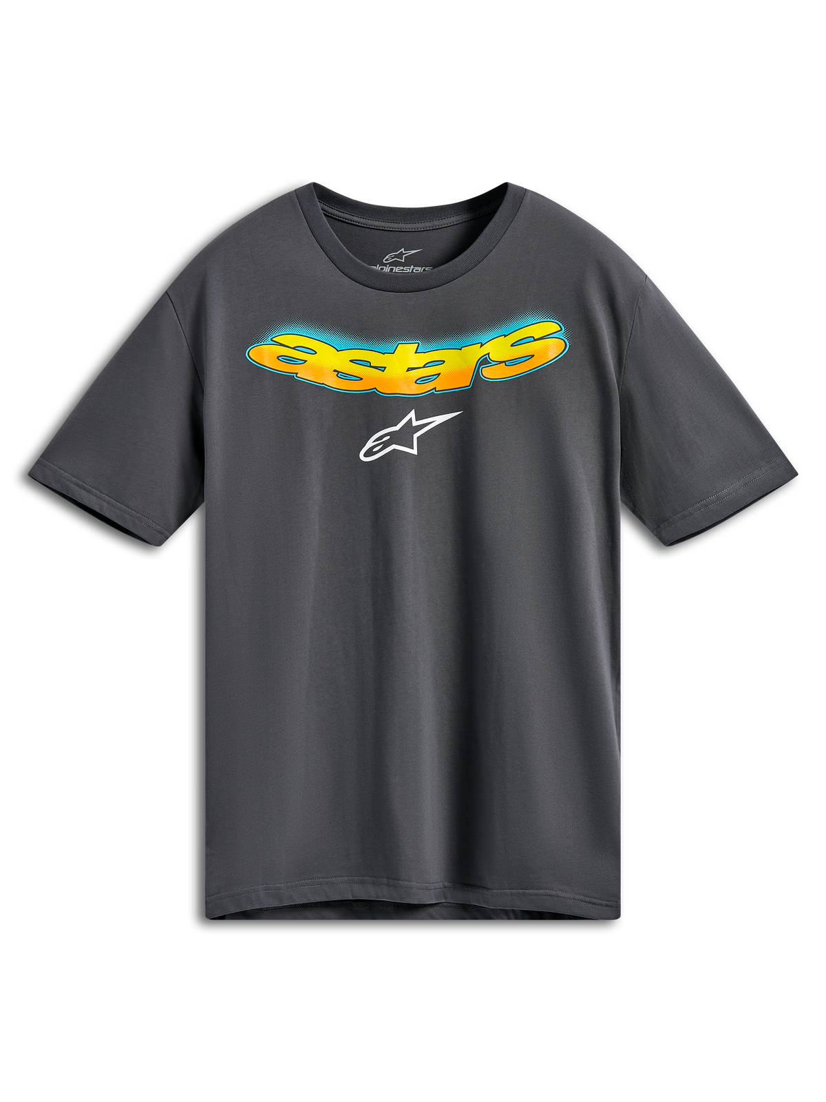 Alpinestars Ellipsoid CSF Tee, kortärmad t-shirt, mörkgrå, böjd Astars-text på framsidan med orange och gul färggradient och blå halftone-detalj, vit Alpinestars-logotyp, vardagliga sportkläder