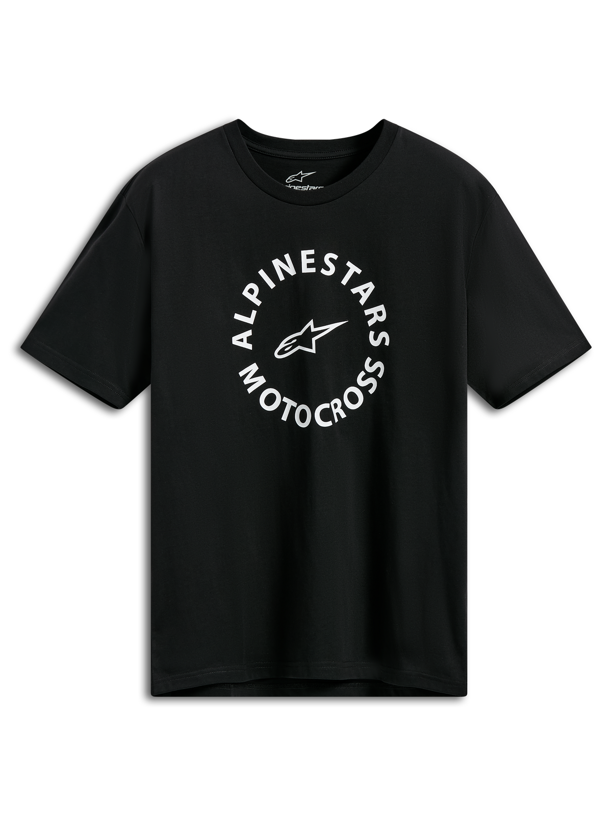 Alpinestars MX CSF Tee, kortärmad t-shirt, svart med vit cirkulär Alpinestars Motocross-grafik, casual motorsport streetwear