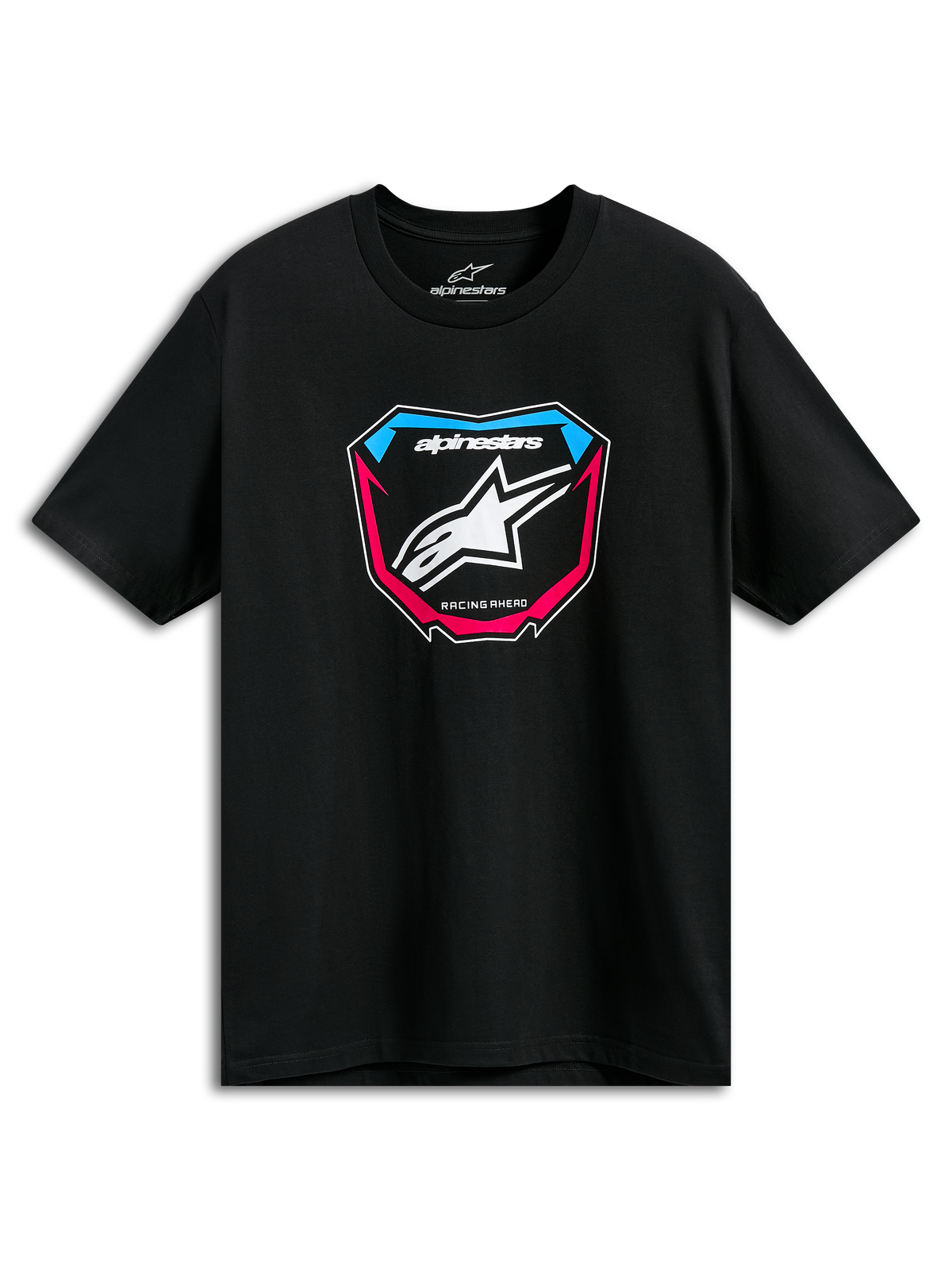 Alpinestars Plate CSF Tee, kortärmad t-shirt, svart, MX-plattgrafik framtill med vit stjärnlogotyp och blå och rosa detaljer, avslappnade motorsport-sportkläder