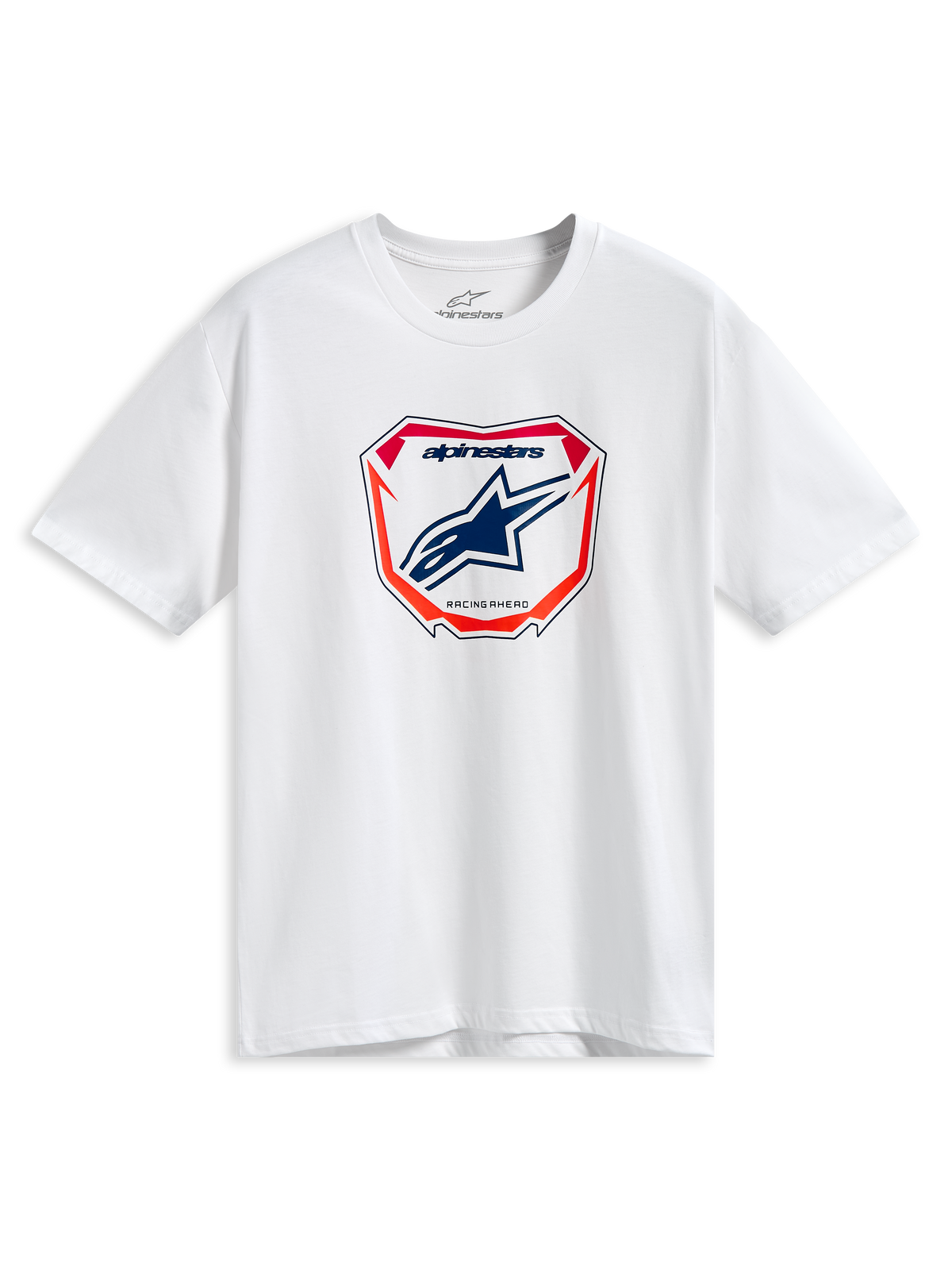 Alpinestars Plate CSF Tee, kortärmad t-shirt, vit, central MX-platta grafik med blå Astars-logotyp och röda och orangea detaljer, casual motorsport streetwear