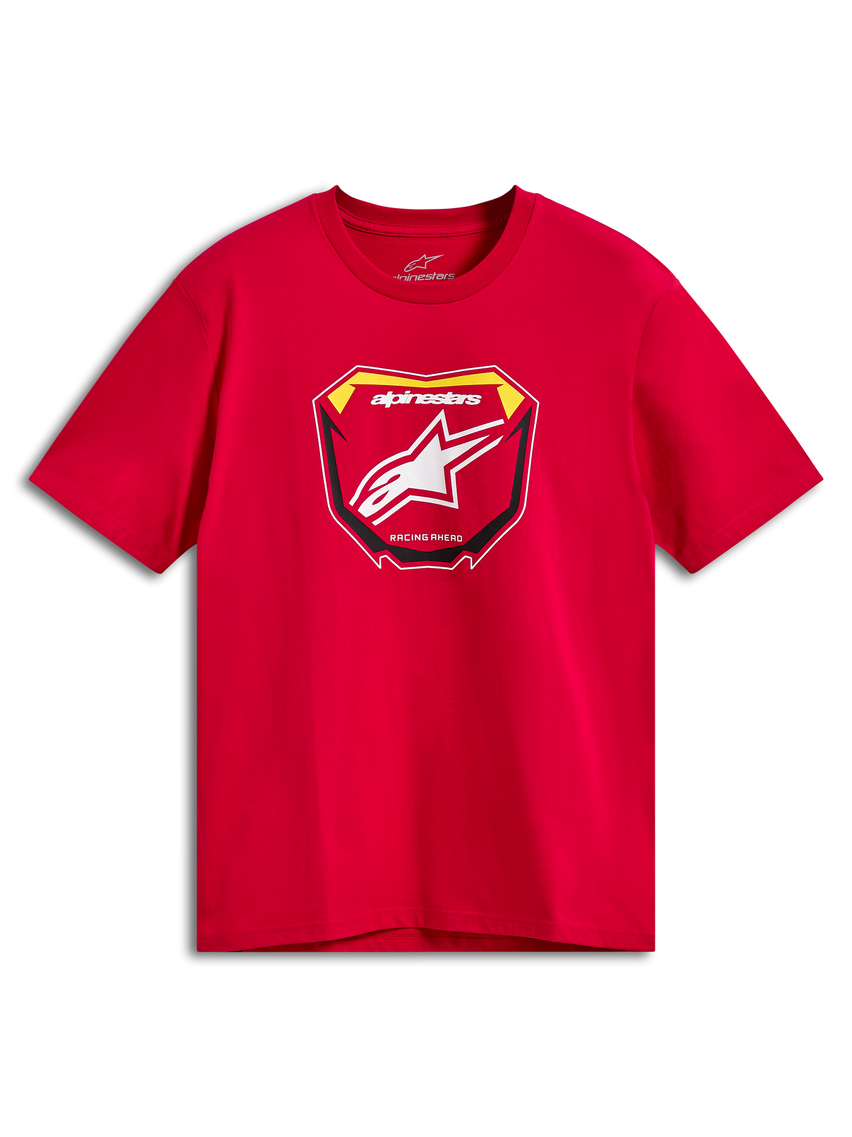 Alpinestars Plate CSF Tee, kortärmad t-shirt, röd, MX-platta grafik på framsidan med vit Astars-logotyp och "Racing Ahead"-text, casual motorsportkläder