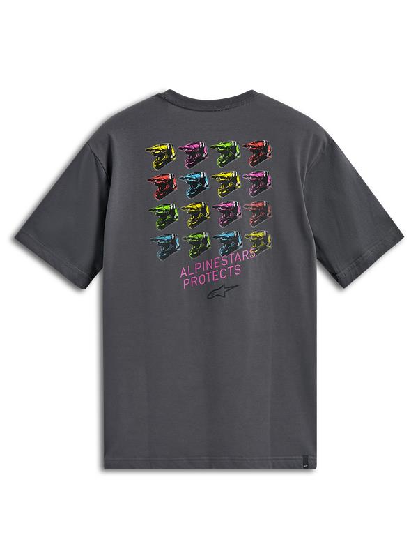 Alpinestars Pop Helmet CSF Tee, kortärmad t-shirt, mörkgrå, ryggtryck med färgstark M10-hjälmgrafik och Alpinestars Protects-logotyp, vardagliga sportkläder för motorsport