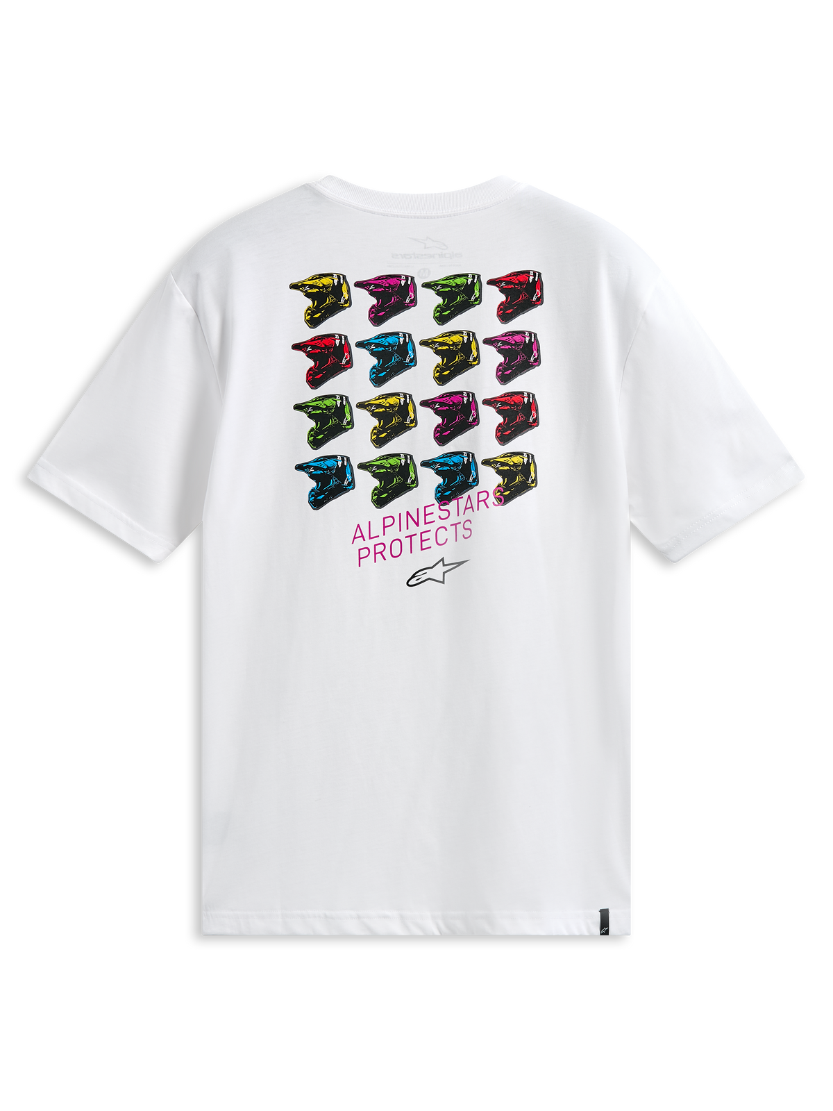 Alpinestars Pop Helmet CSF Tee, kortärmad t-shirt, vit, vy bakifrån med ett rutnät av flerfärgade M10-hjälmar och texten ALPINESTARS PROTECTS, avslappnad motorsport-inspirerad streetwear