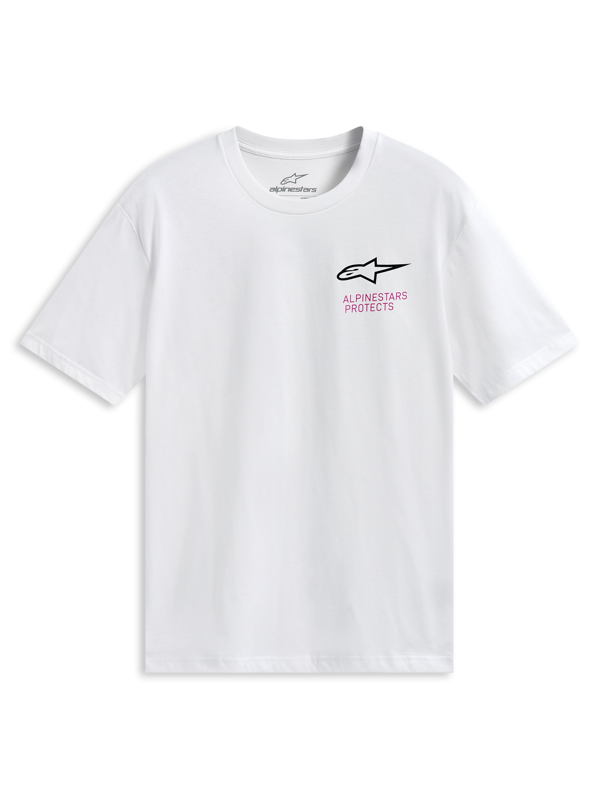 Alpinestars Pop Helmet CSF Tee, kortärmad t-shirt, vit, med Astars-logotyp på framsidan och färgglad M10-hjälm-grafik på baksidan, vardagliga motorsport-sportkläder