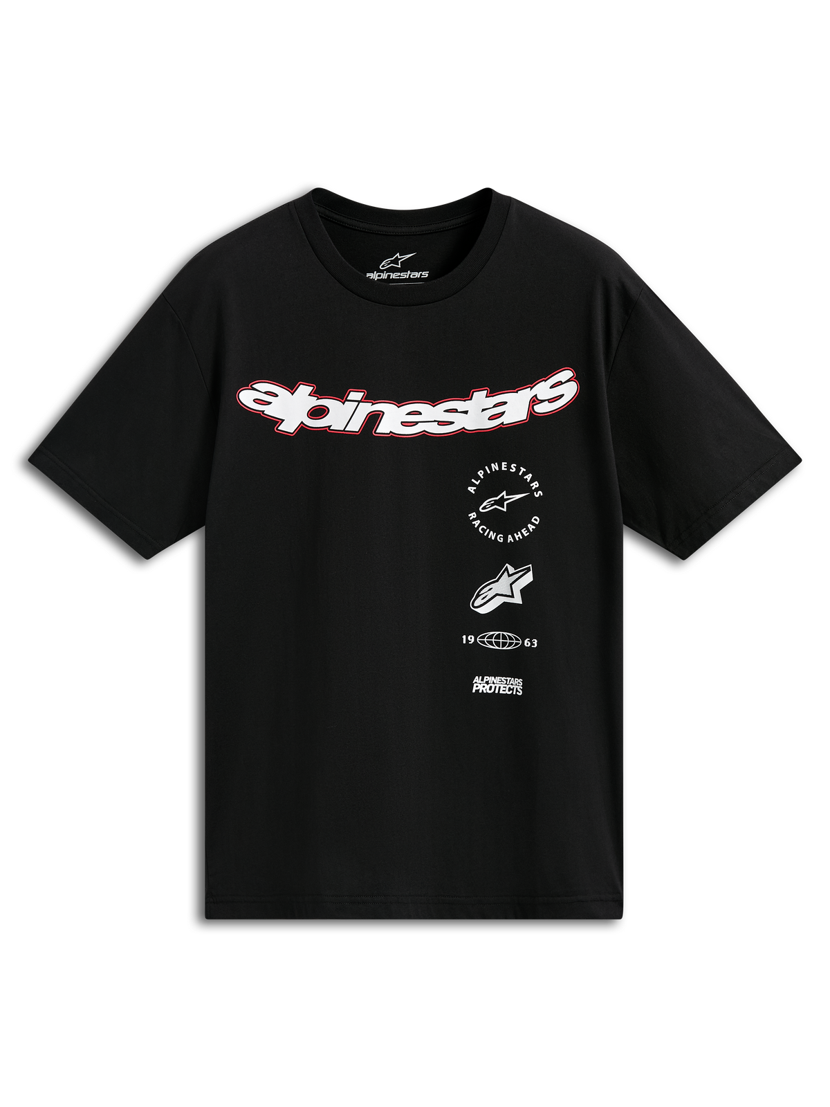 Alpinestars Abus CSF Tee, Short Sleeve T-Shirt, Black, Curved White Alpinestars Logo with Red Outline, Multi-Stacked Graphics including Racing Ahead and 1963, Casual Motorsport Streetwear
