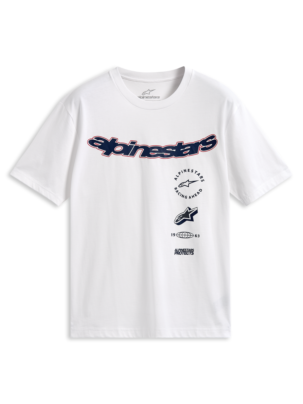 Alpinestars Abus CSF Tee, kortärmad t-shirt, vit, böjd marinblå Alpinestars-logotyp med röd kontur, flera staplade grafiska tryck på framsidan, casual motorsport-streetwear