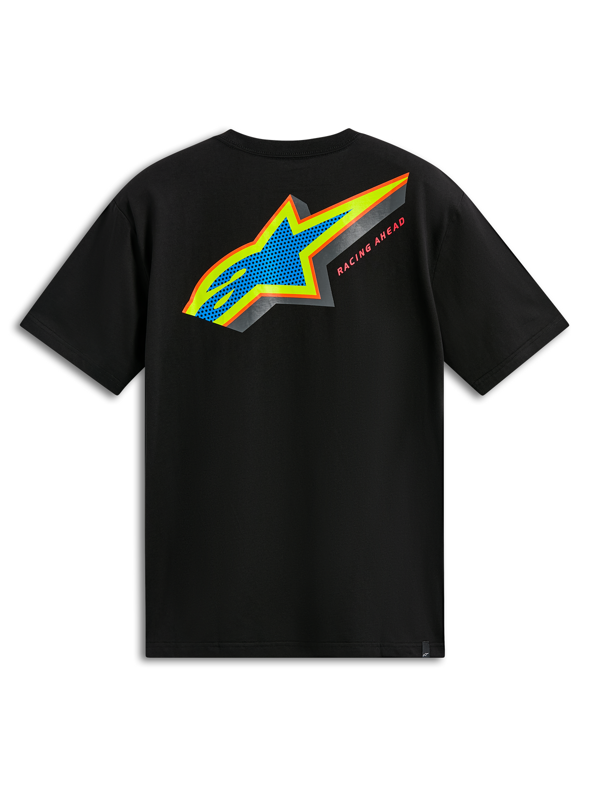 Alpinestars Angler CSF Tee, kortärmad t-shirt, svart, baksida med flerfärgad Astars-logotyp med blå perforerad fyllning och "Racing Ahead"-text, vardaglig motorsport-streetwear