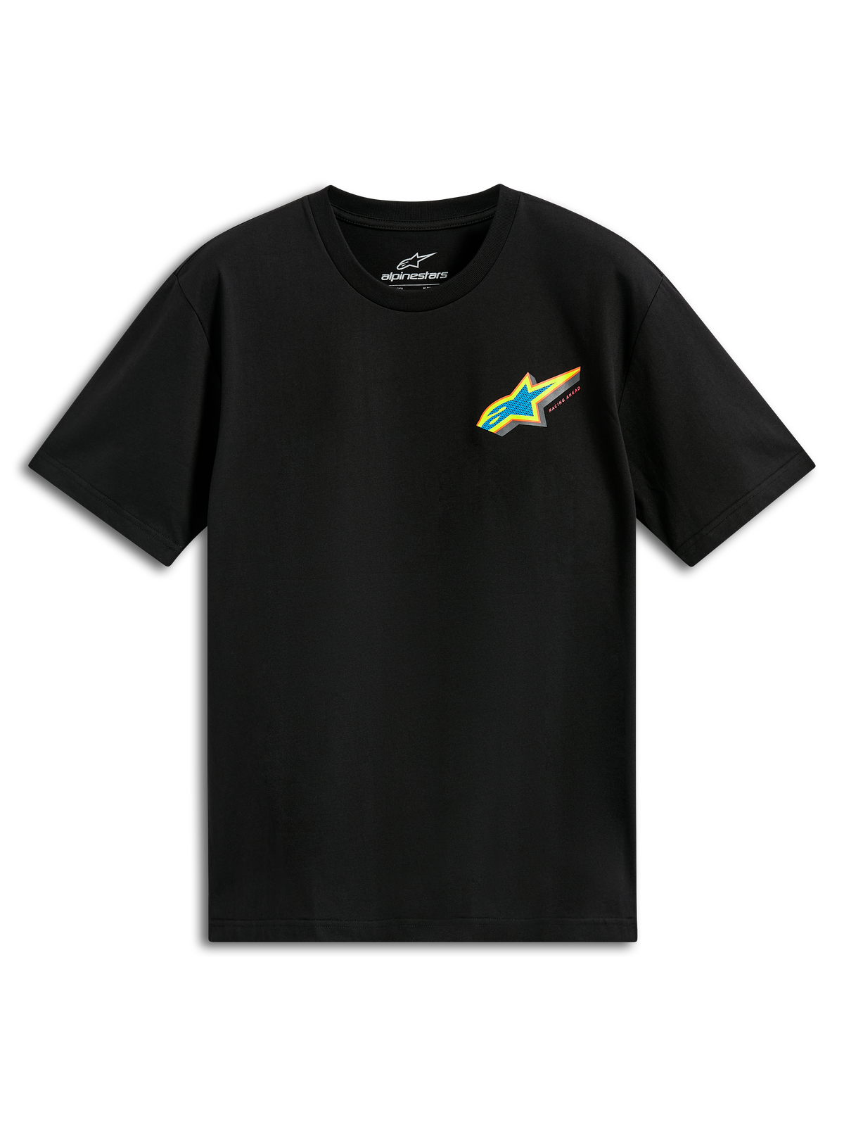 Alpinestars Angler CSF Tee, kortärmad t-shirt, svart, livfull flerfärgad Astars-logotyp med blå stjärna och gul kant på bröstet, vardaglig motorsport-streetwear